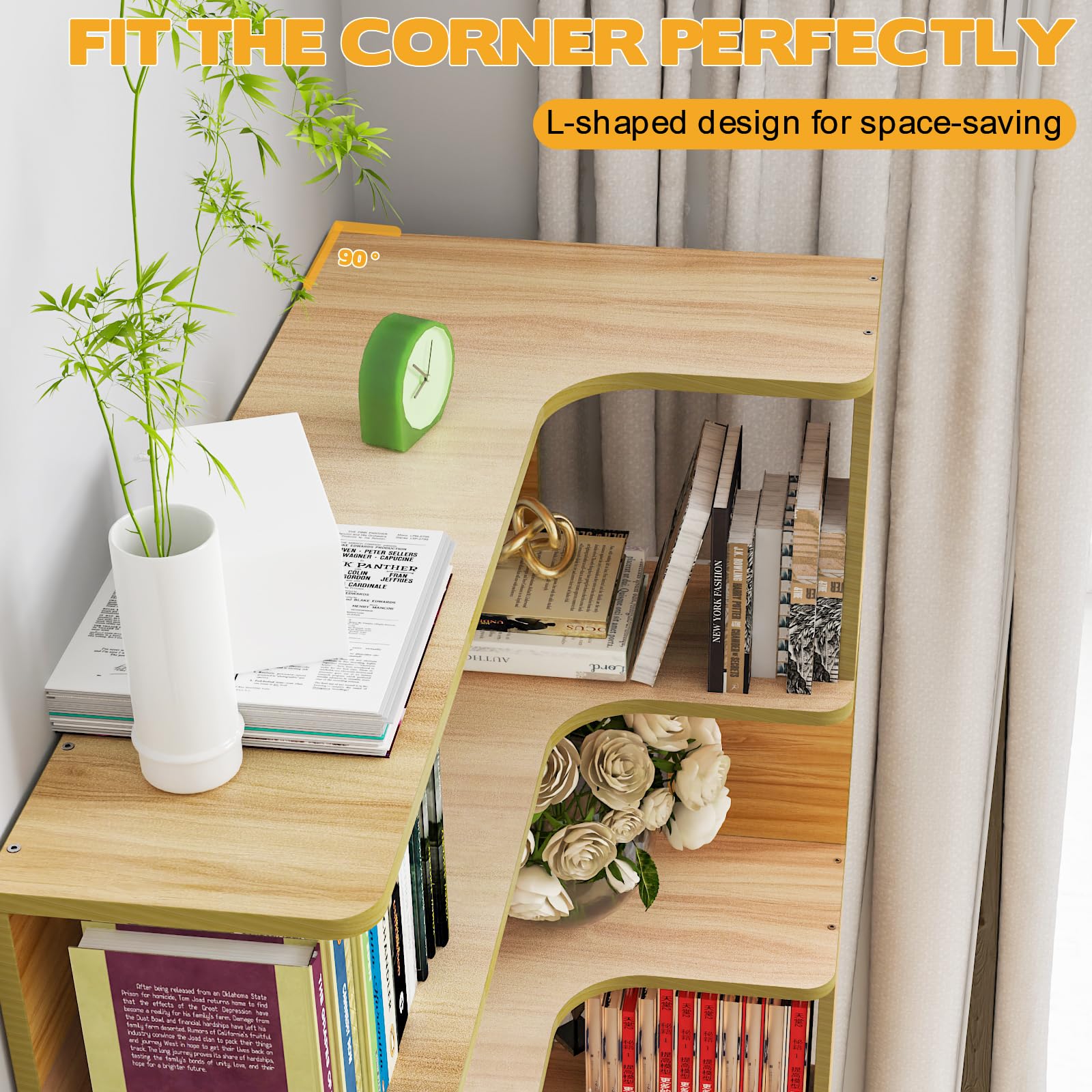 Estantería esquinera de 5 plantas, madera, altura: 169 cm, gran estantería, estilo moderno, mueble de almacenamiento para salón, estudio, dormitorio, blanco