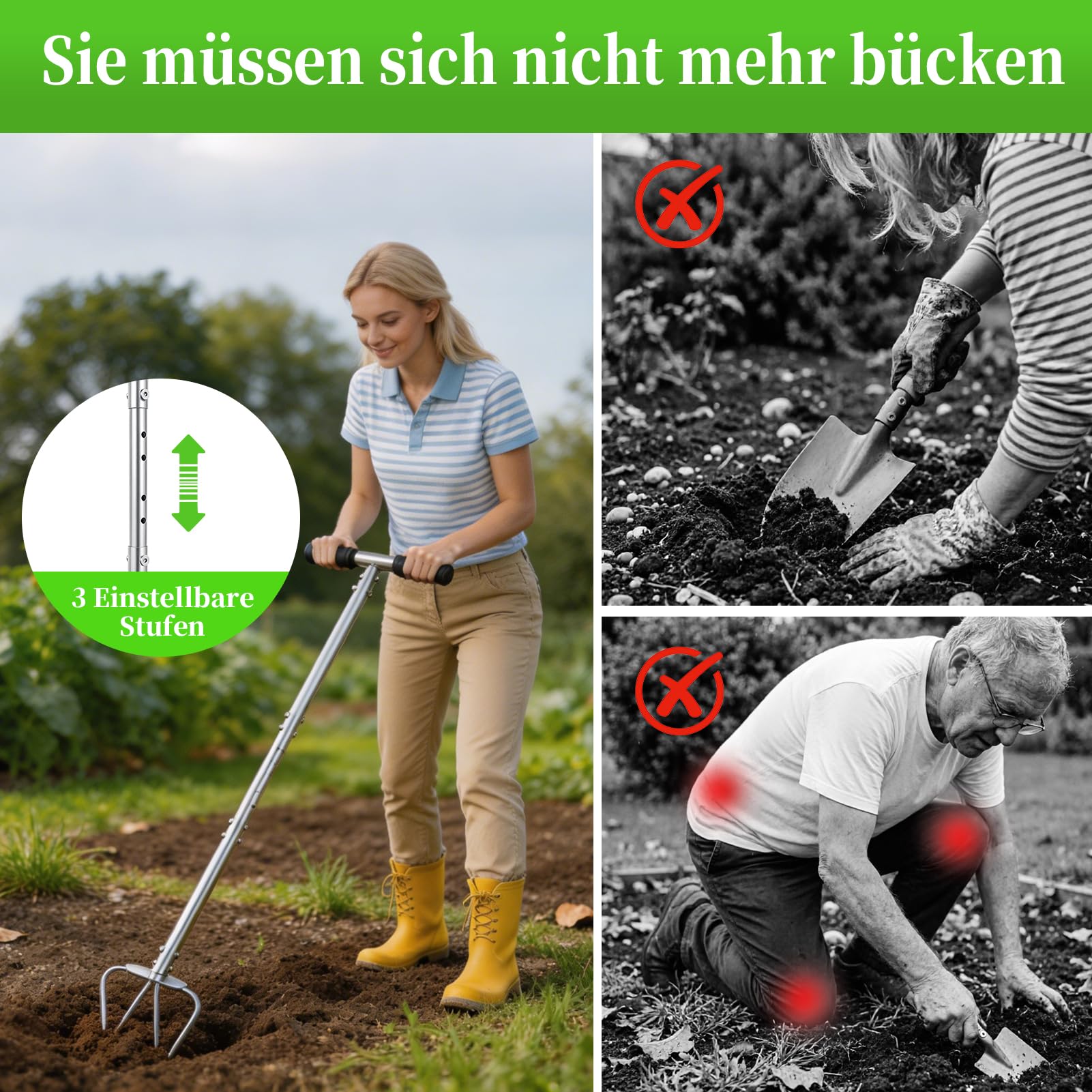 Gartenkralle mit Stiel,4-Zinken Gartenkultivator,103cm Hoch Twist Tiller Gartenfräse,Höhenverstellbar Gartenfräse,Vertikutierer und Unkrautentferner in einem Gerät,Kultivator für Gartenbeet