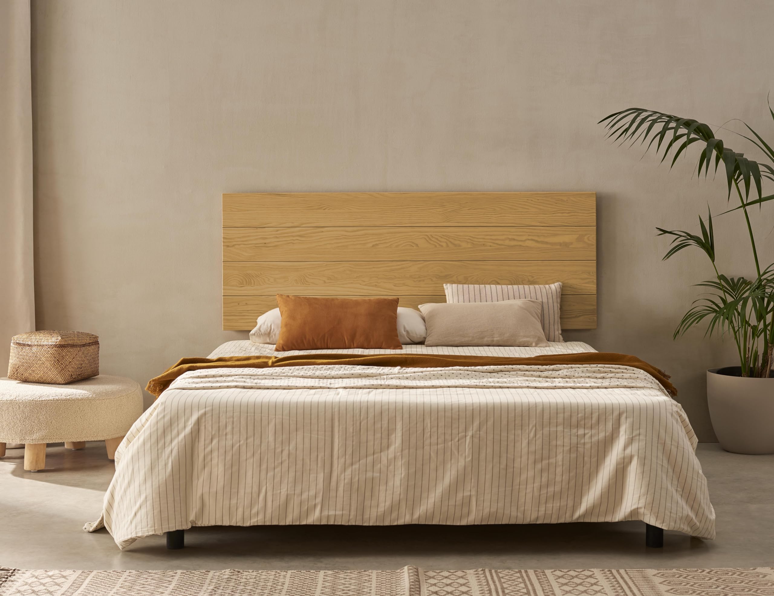 HOGAR24 ES - Cabecero Acabado Madera Maciza Natural + 2 Mesitas Flotantes con Cajón y Hueco Acabado Cera. Medidas Cabecero: 155 x 60 x 2 cm.