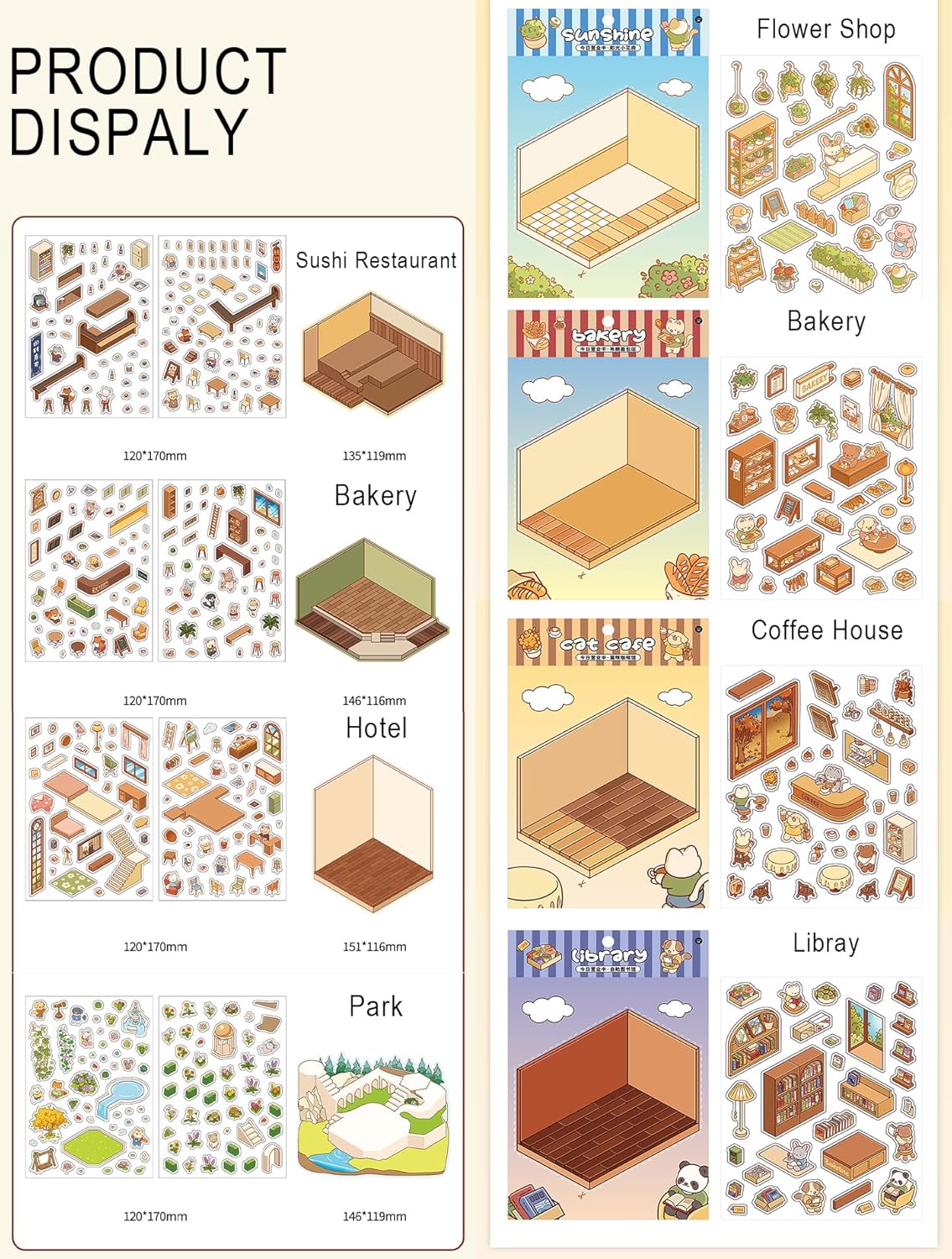 8 Set 3D Sticker Scene,DIY 3D House Stickers, Miniature Scene Stickers, Fun DIY Stickers Scene Make Your Own Supermarket Coffee Shop Restaurant Bookstore for Adult Kids (8SET-A)