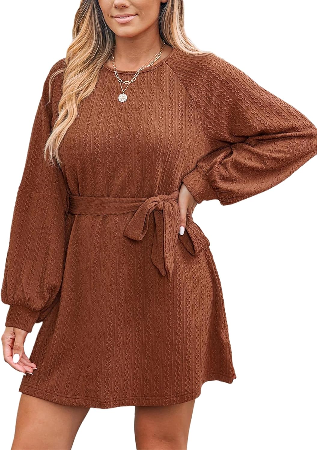 CUPSHE Womens Mini Fall Dresses Round Neck Casual Long Sleeve Woven Belted Short Work Outfit A Line Flowy Dress