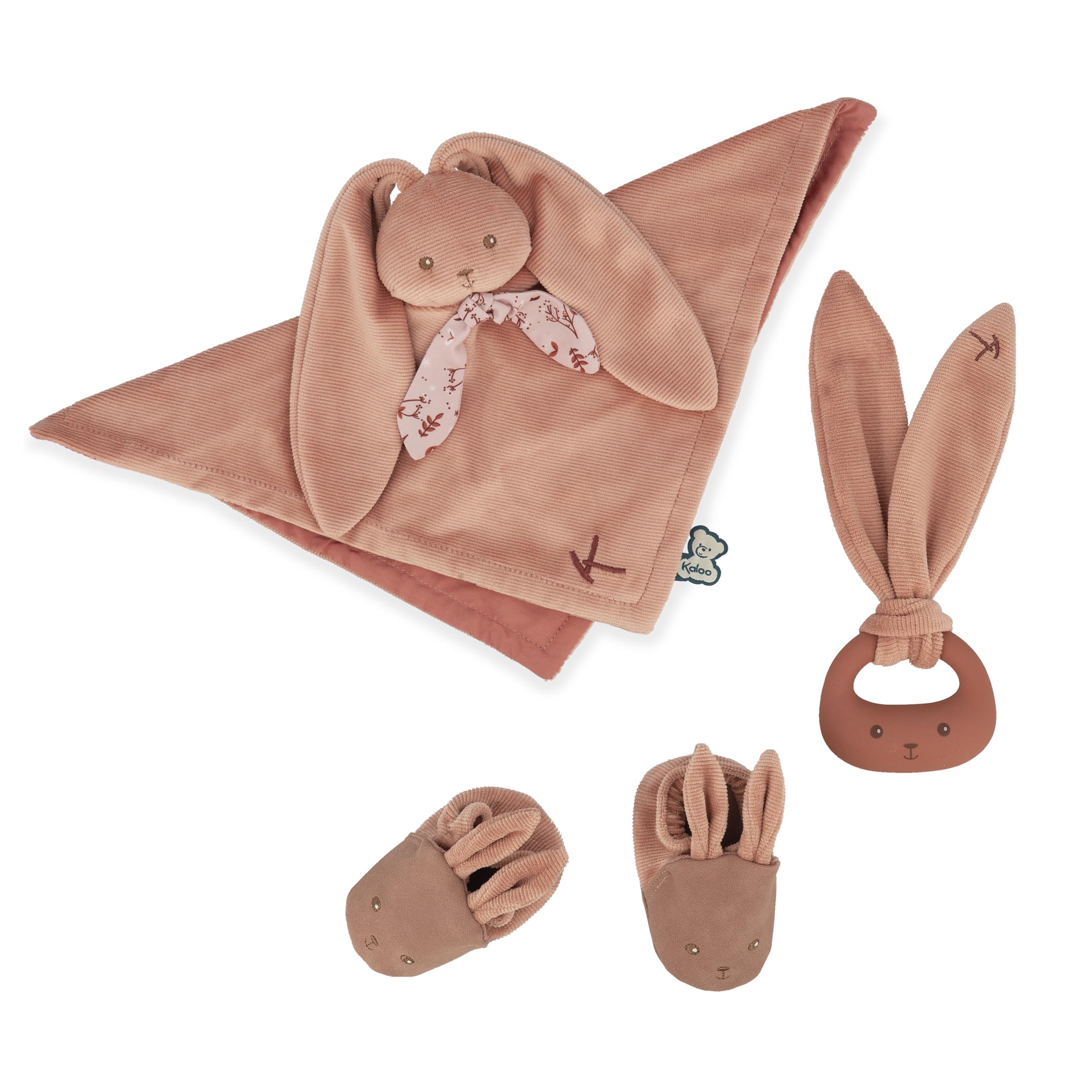 Kaloo - Lapinoo - Coffret de Naissance - Couleur Terracotta - 3 Accessoires Bébé - Doudou + Anneau de Dentition Bébé + Chaussons 11 cm - Dès la Naissance, K218012