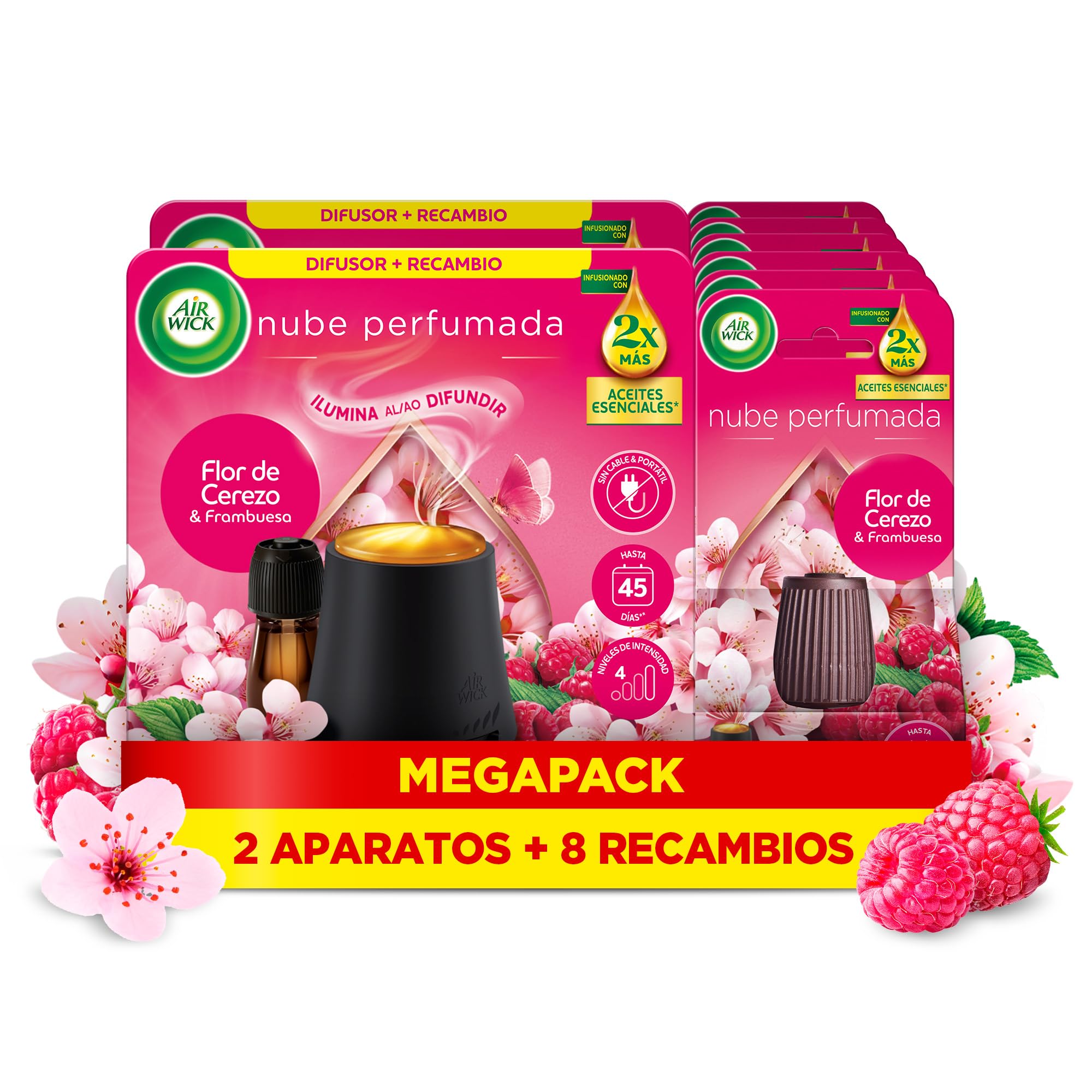 Air Wick Essential Mist - Recambio de Ambientador Difusor de Aceites Esenciales con Aroma a Flor de Cerezo & Frambuesa, 2 Aparatos + 8 Recambios (8x20ml)