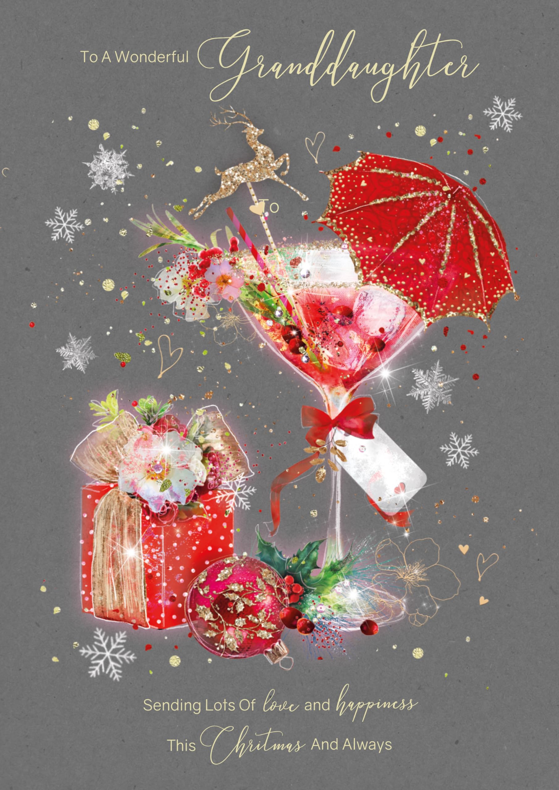 Stunning Granddaughter Christmas Cocktail Happy Christmas Card with Gold Foil and Glitter Details and Gold Envelope