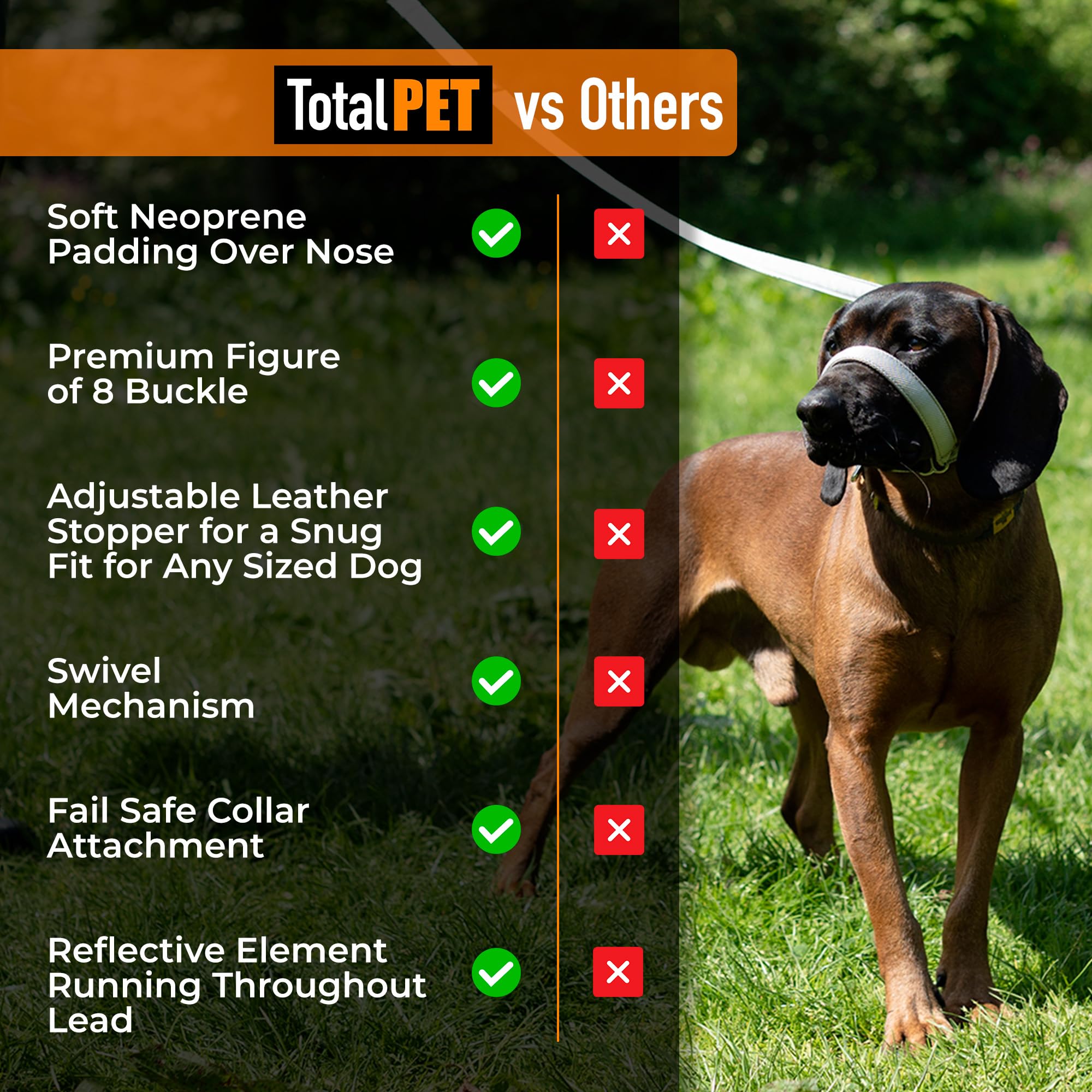 Total Pet Figure of 8 Hundeleine Flach mit Anti Tangle Drehmechanismus - Anti Pull Stop Hunde Ziehen - Retrieverleinen Reflektierend mit Gepolsterter Nasenstütze - (Grau, 180cm)
