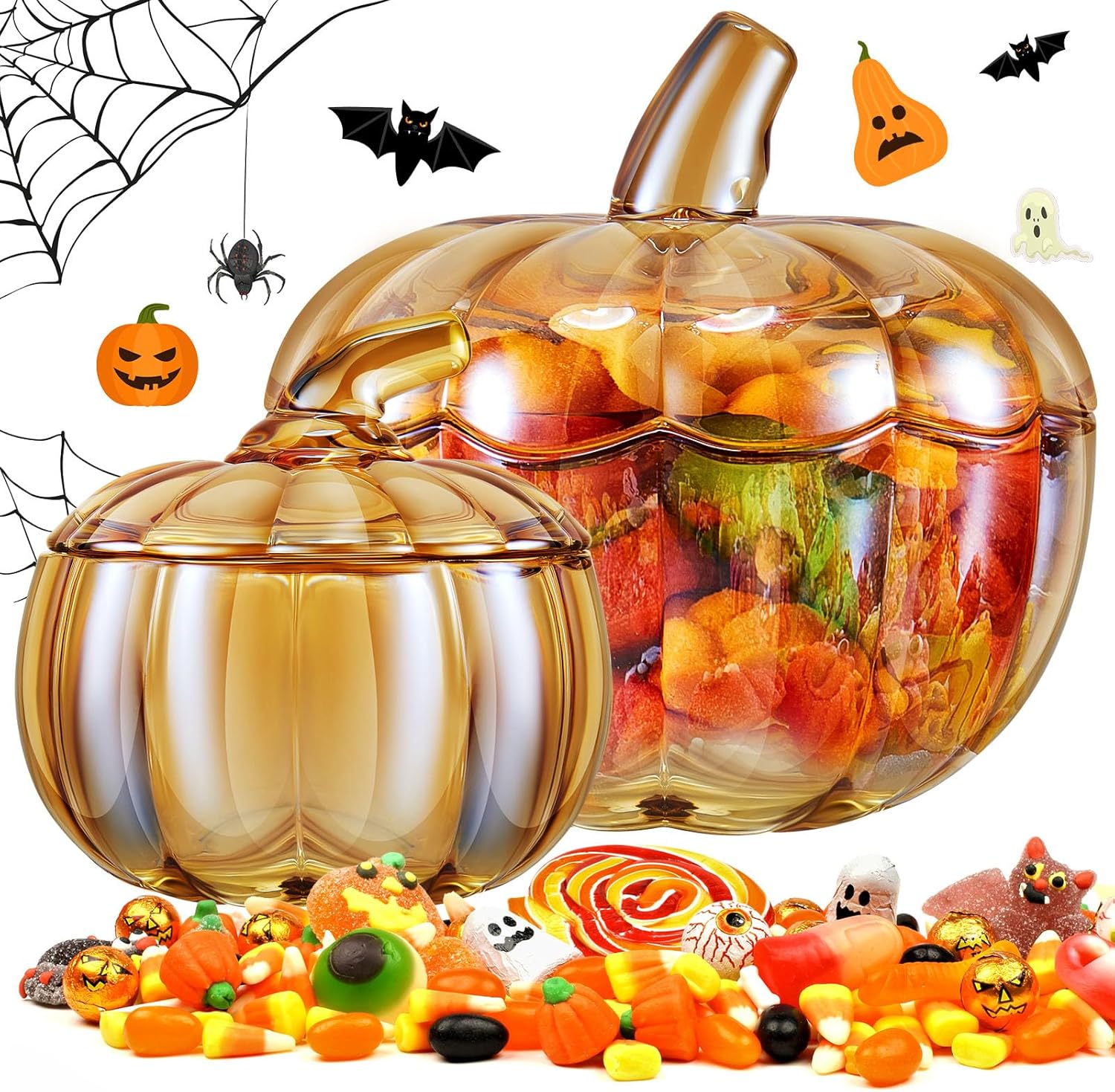Tessco 2 Pcs 70oz Glass Pumpkin Candy Jar with Lid Halloween Pumpkin Jars Candy Bowl Glass Dish with Cover for Thanksgiving Day Home Decoration(Large, Small,Amber)
