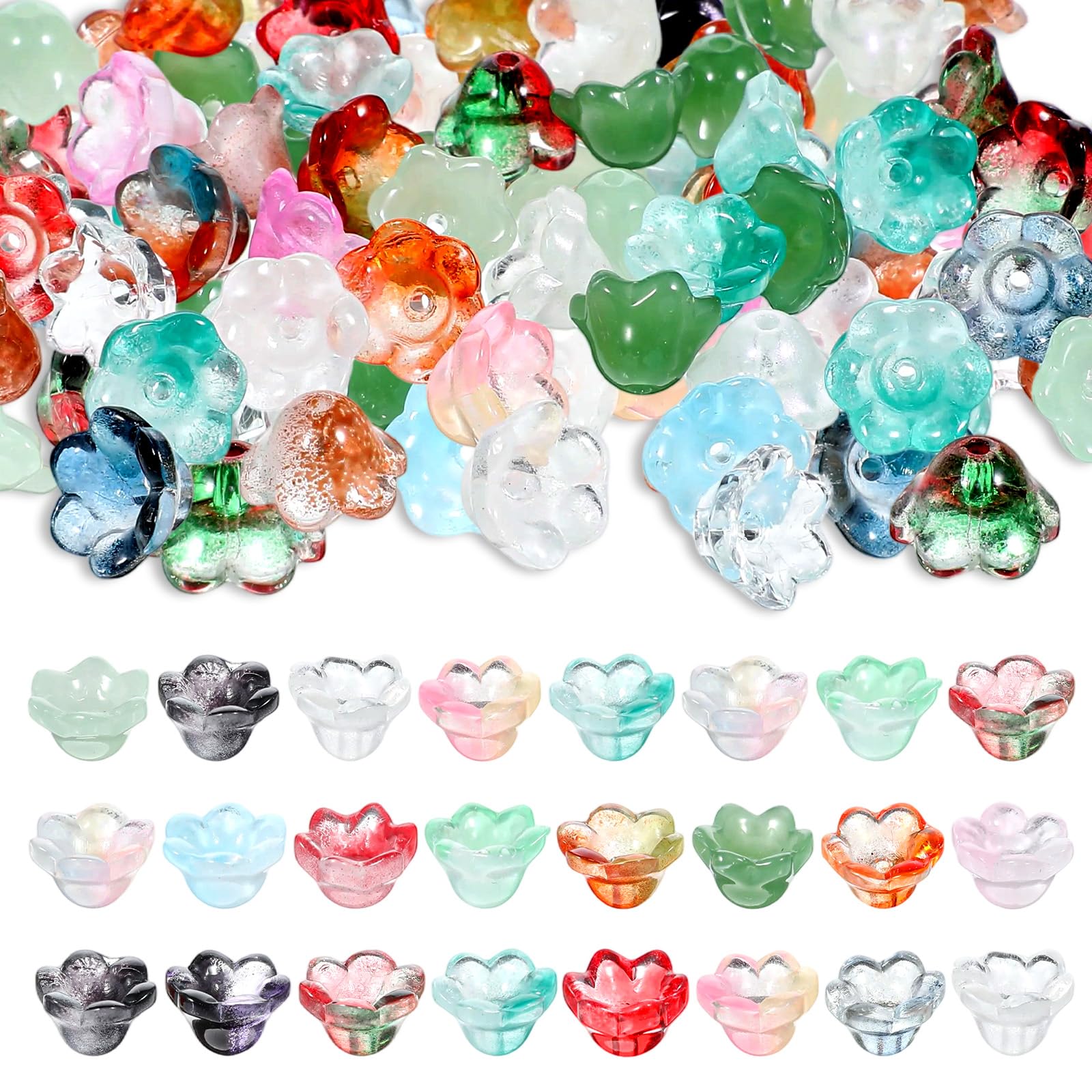 Photo 1 of 100PCS Glass Flower Beads Trumpet Flower Beads for Jewelry Making Mixed Color Bellflower Bead for Bracelets Gradient Clear Cute Bead Crystal Floral Charms for DIY Necklace Earrings