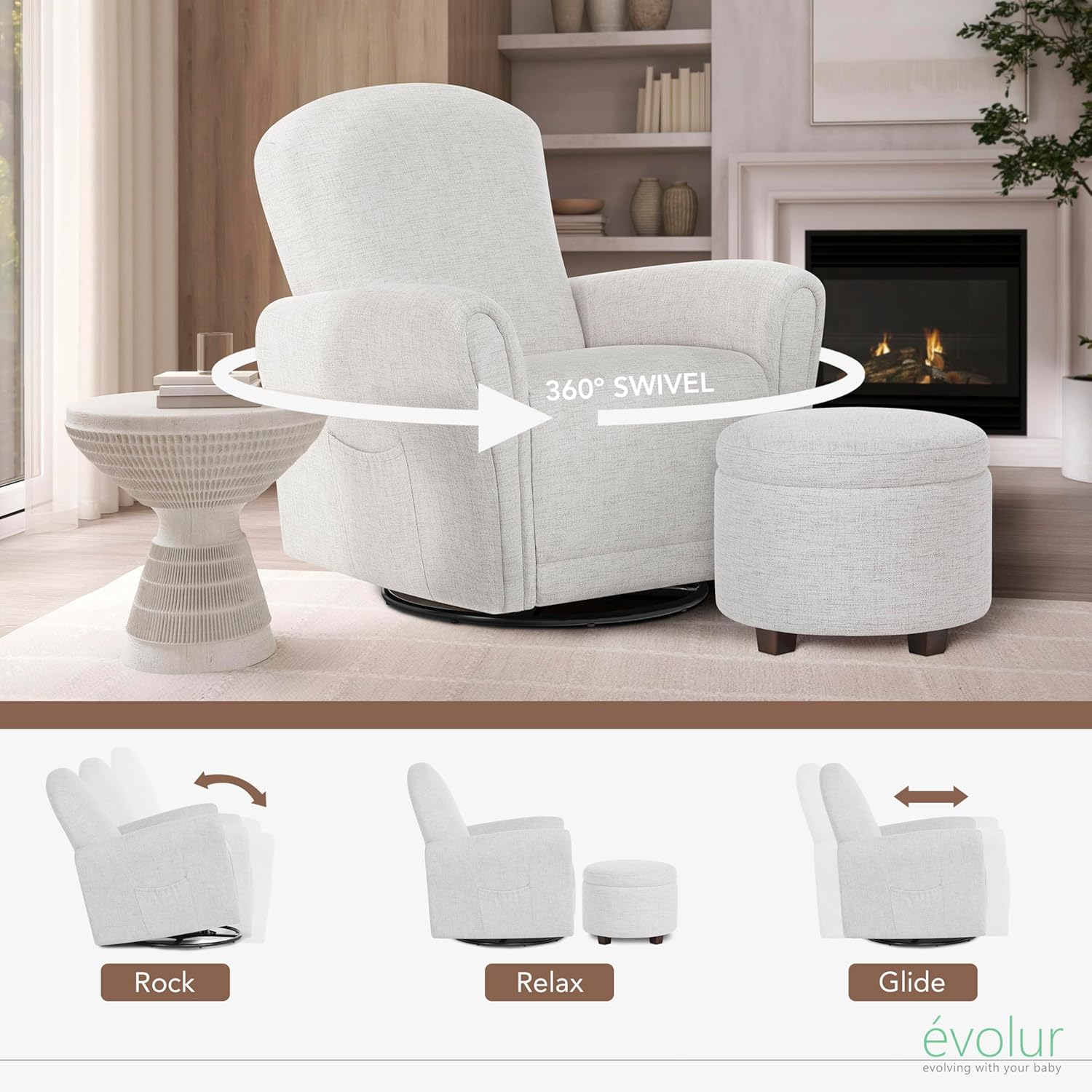 Evolur Vienna Swivel Glider with Ottoman, 360° Swivel, Without Nailhead Trim, Greenguard Gold & FSC-Certified, Nursery Chair in Fog Grey