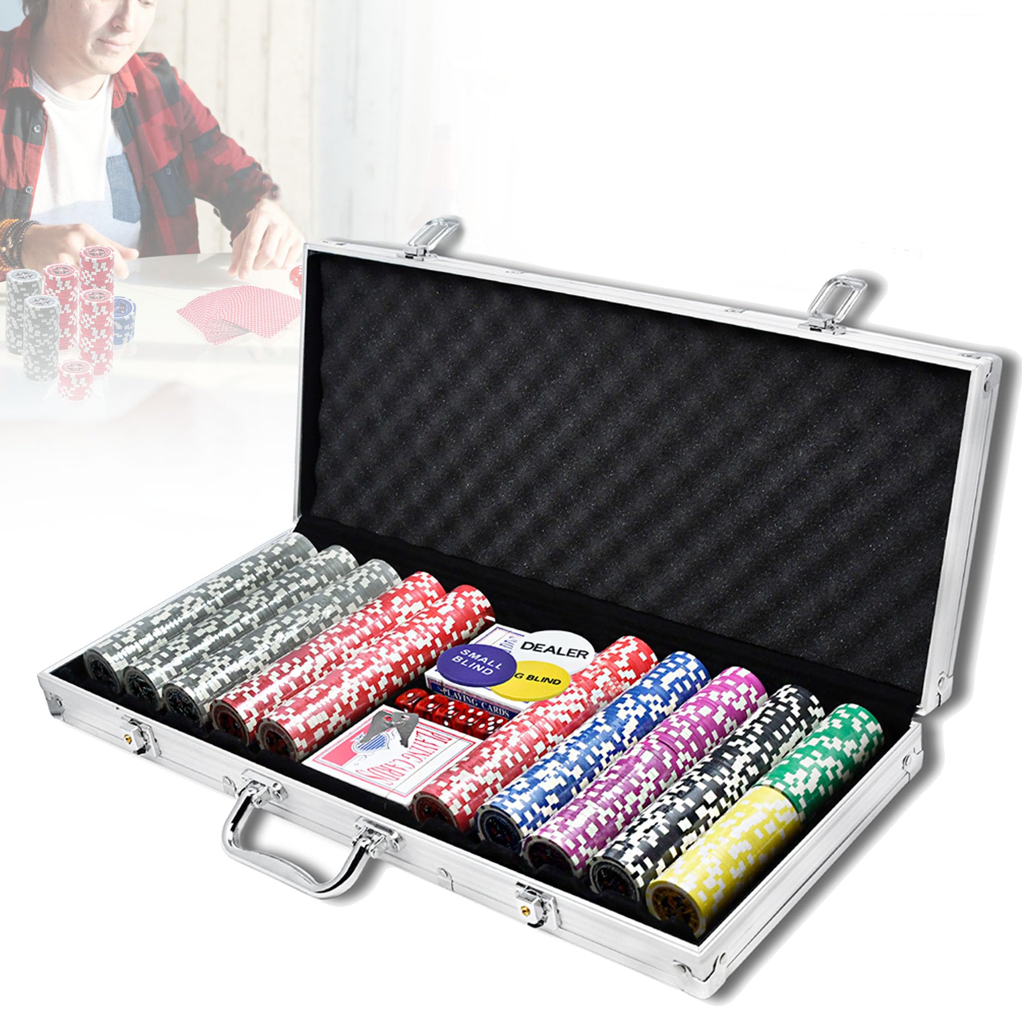 Pokerkoffer Set 500 Chips Pokerset mit 2 Pokerdecks, 5 Würfeln & Dealer-Buttons im Aluminiumkoffer (Silber)