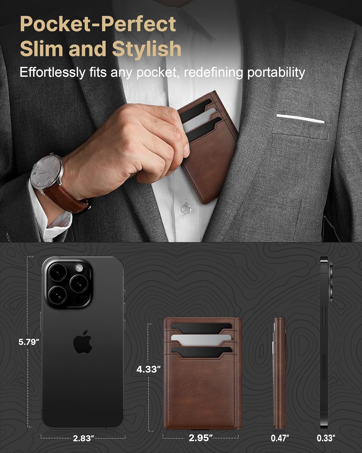 typecase Leather Wallet for Men Card Holder: Premium Genuine Leather, RFID Blocking, Slim, Minimalist, Front Pocket - 15 Cards Capacity | ID Window | Money Clip (Brown) - Image 5