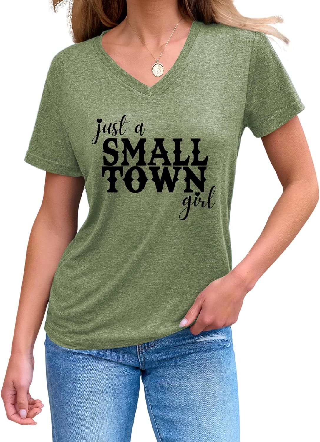 Just A Small Town Girl Tshirts Country Music Shirts Casual Short Sleeve V Neck Tee Tops for Women - Image 2