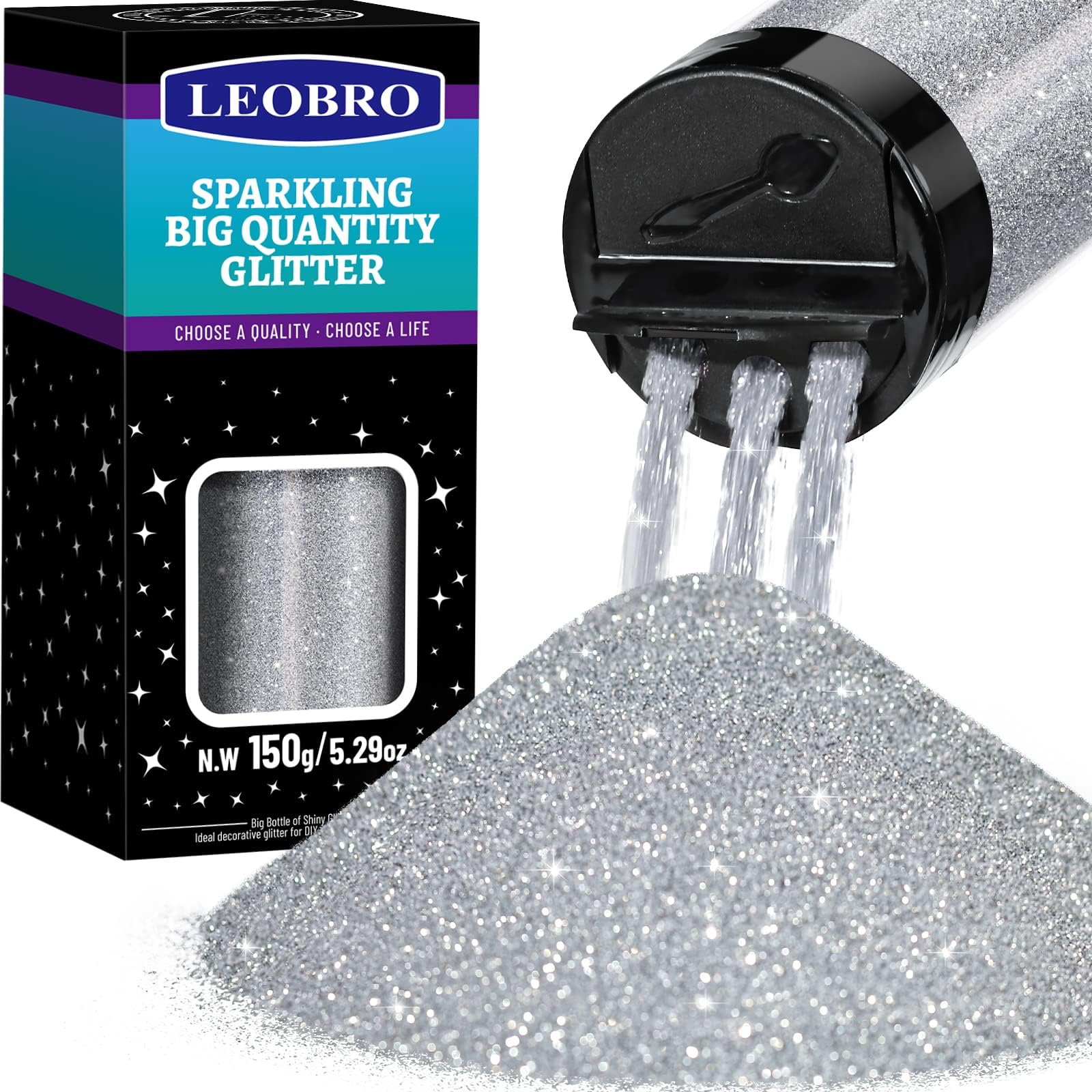LEOBRO Extra Fine Glitter Powder, 150g/5.29oz, for Resin, Nail, DIY Tumbler Painting Decorations, Metallic Craft Silver