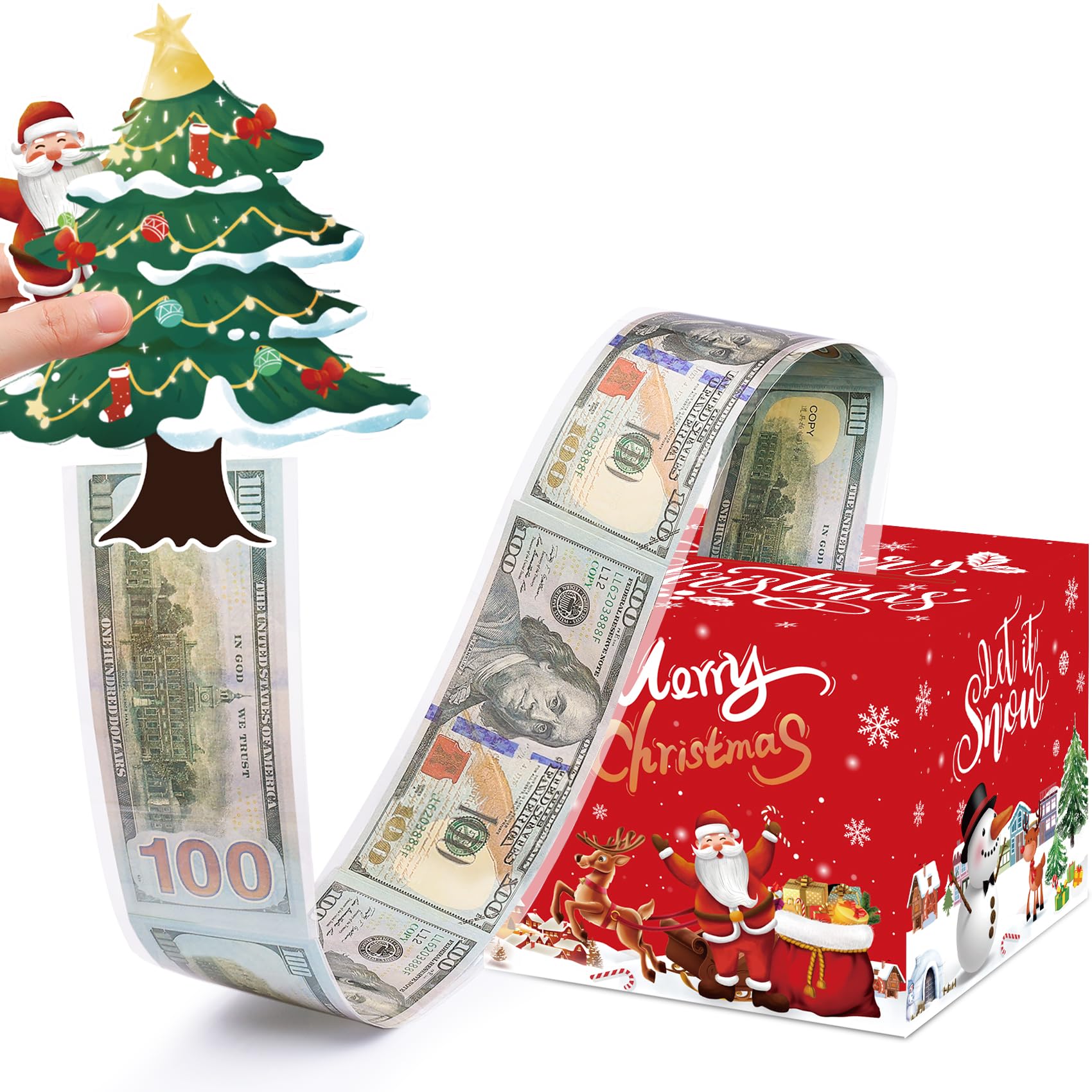 Meiidoshine Red Christmas Money Boxes for Cash Gift Pull, Surprise Money Holder Cash Gift for Kids Adults, DIY Fun Cash Box for Women Men Girls Boys Mom Dad Friends, Include 100Pcs Transparent Bags
