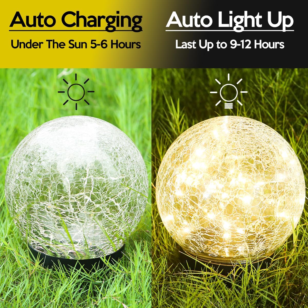 Diagram showing the solar light charging under the sun and automatically lighting up at night.