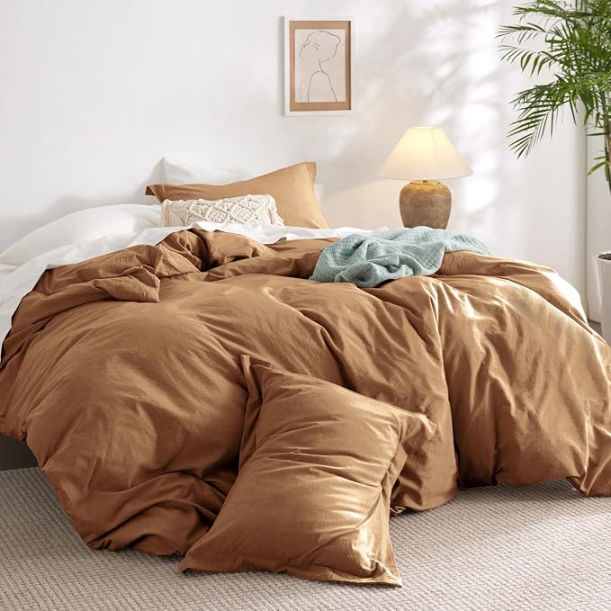 Bedsure Duvet Cover King Size - Brown Minimalist Cotton Duvet Cover Linen Like - 3 Pieces Plain Simple Duvet Cover Set with 2 Pillow Shams
