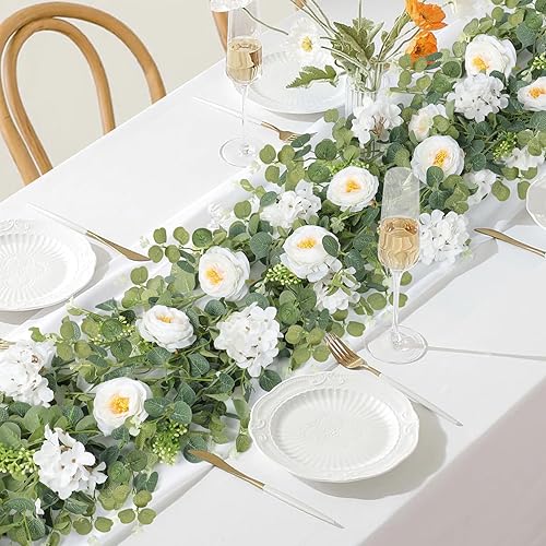 Miniatura 3 de KHOYIME Paquete de 2 guirnaldas de flores de eucalipto artificiales en total de 13 pies de seda blanca sintética, flores de camelia hortensias,