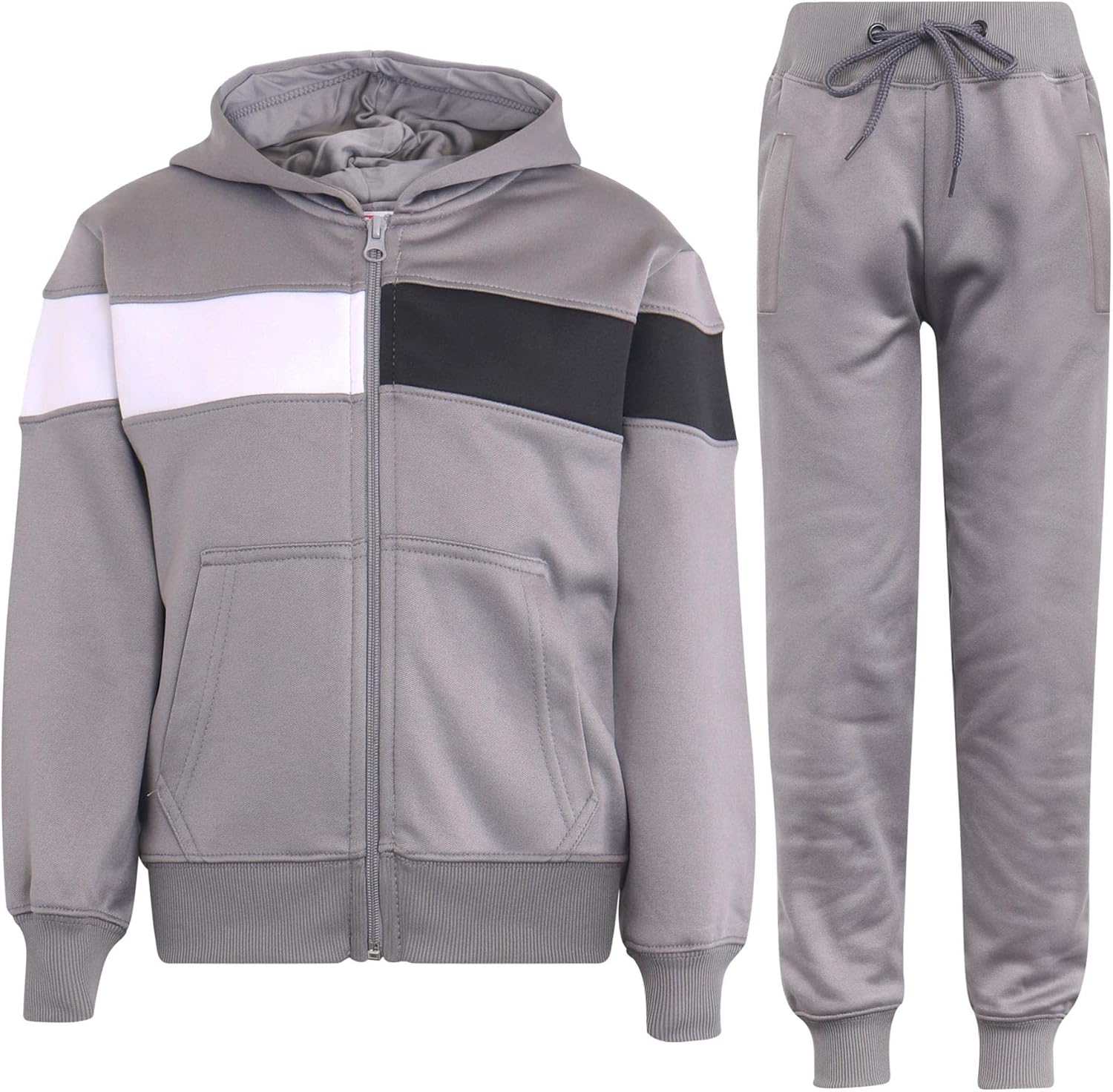 Kids Girls Boys Tracksuit Contrast Panelled Grey Hooded Hoodie Bottom Jog Suits