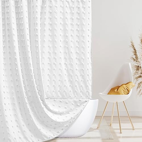 Cortina de ducha extra larga de estilo bohemio, de tela tejida, color blanco, 72 x 78 pulgadas, plisada, floral, texturizada, moderna, de granja,