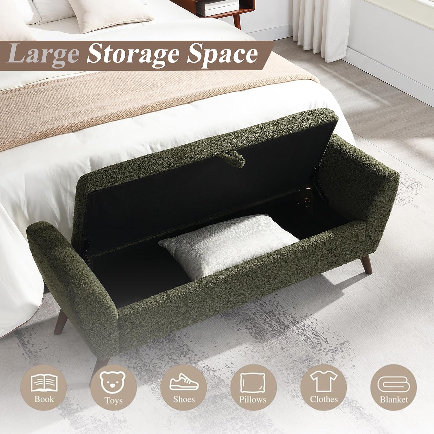 Mlmh & Kngwa 60 Inch Storage Bench for Bedroom, End of Bed Bench King Size Extra-Long Ottoman, Window Seat Settee for Living Room, Cloakroom, Green