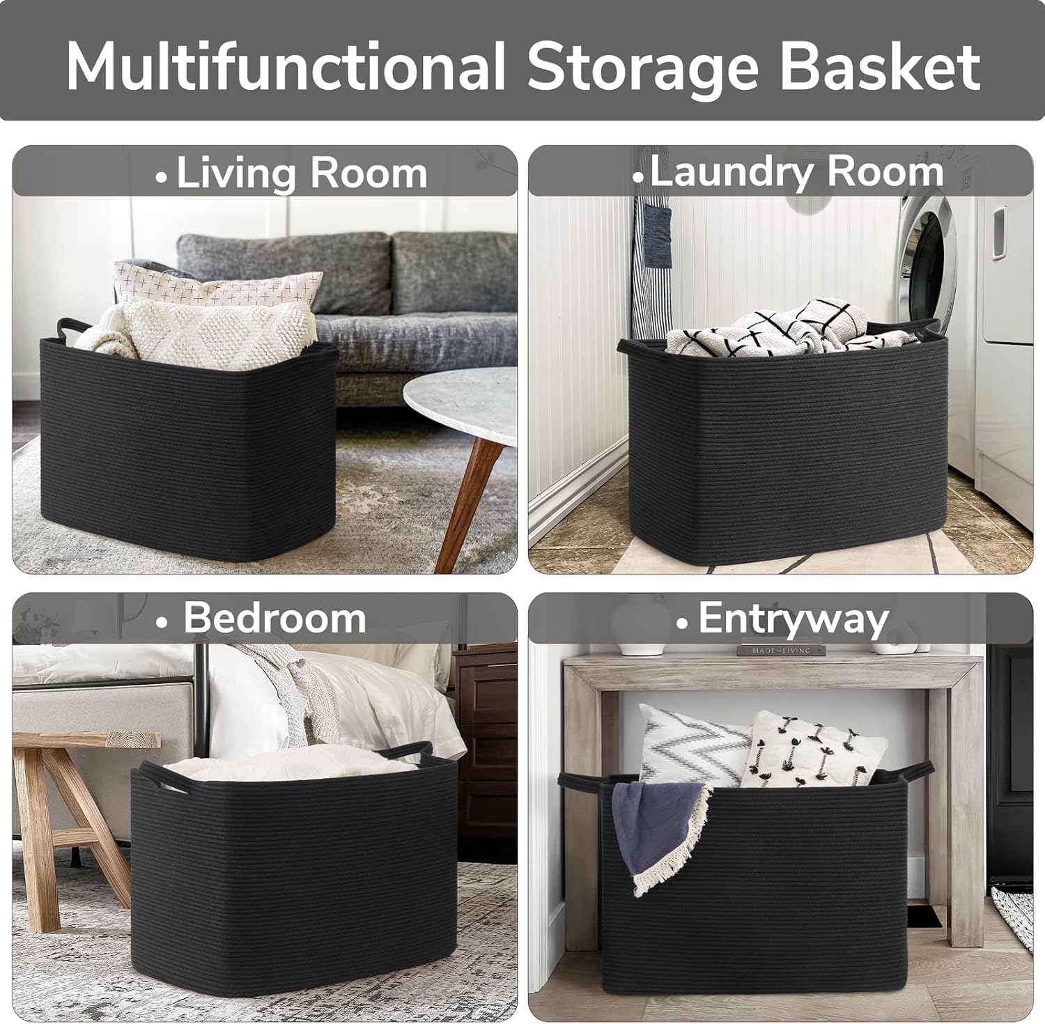 Goodpick Large Woven Storage Basket, 105L Extra Large Blanket Basket for Living Room, Bedroom, Rectangle Cotton Rope Organizer for Toy Storage, 25”x16”x16”, Black