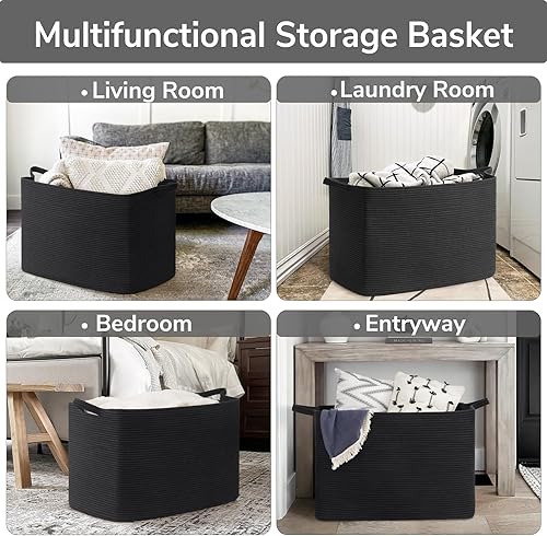 Vista 100 de Goodpick Cesta grande de almacenamiento de juguetes, cestas de cuerda de algodón gris para bebés, niños, cesta de almacenamiento tejida con asa