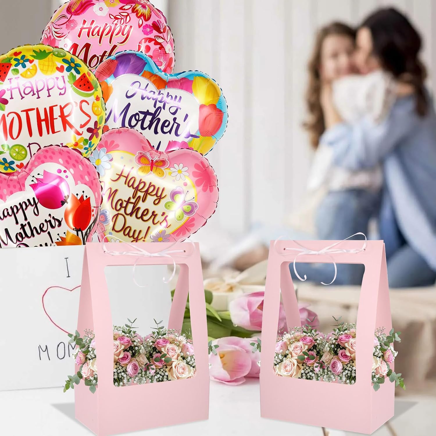 6 Sets Happy Mothers Day Flower Gift Boxes Bags Set, Mothers Day Foil Balloons Empty Craft Bouquets Paper Floral Gift Bag Portable Waterproof Floral Box with Handle for Best Mom Love You Mom Party image 4
