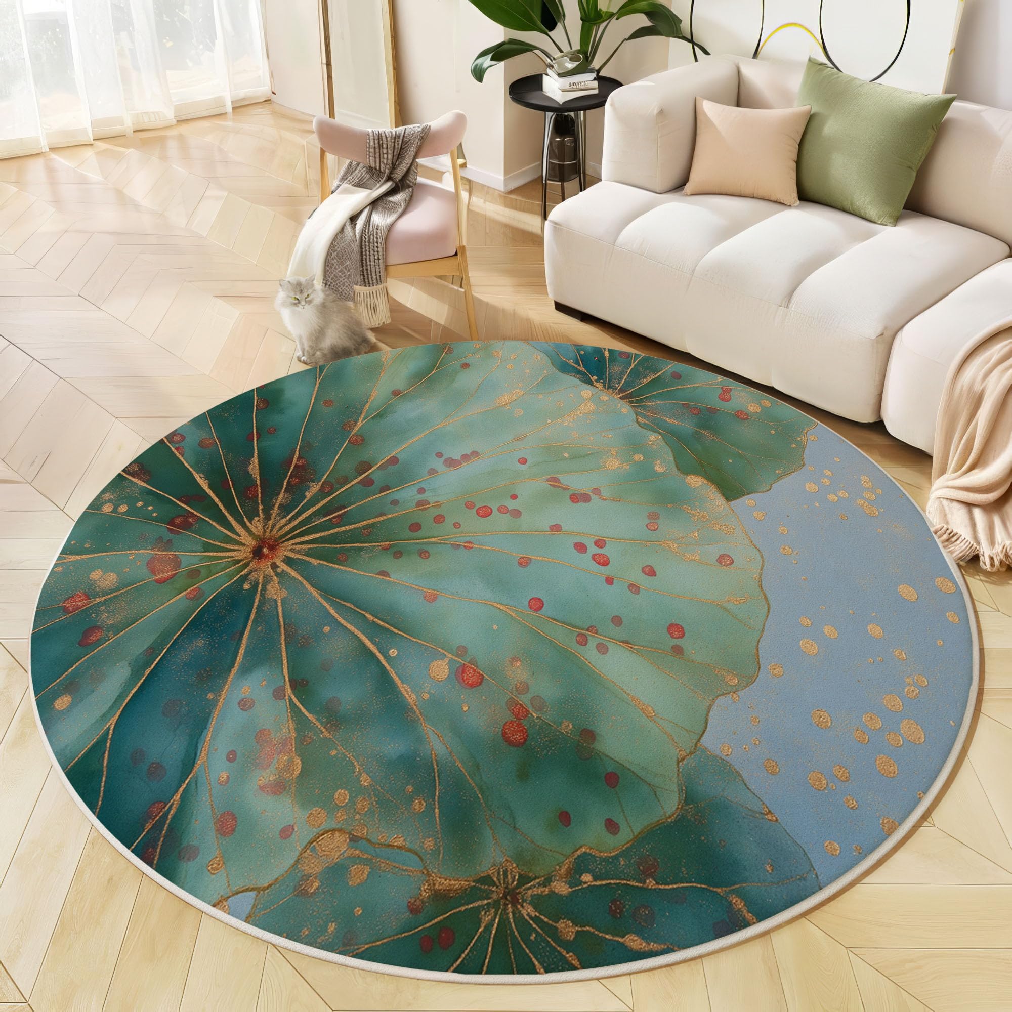 Tapis rond salon antidérapant pour éviter les glissades, motif feuille de lotus vert 80 cm