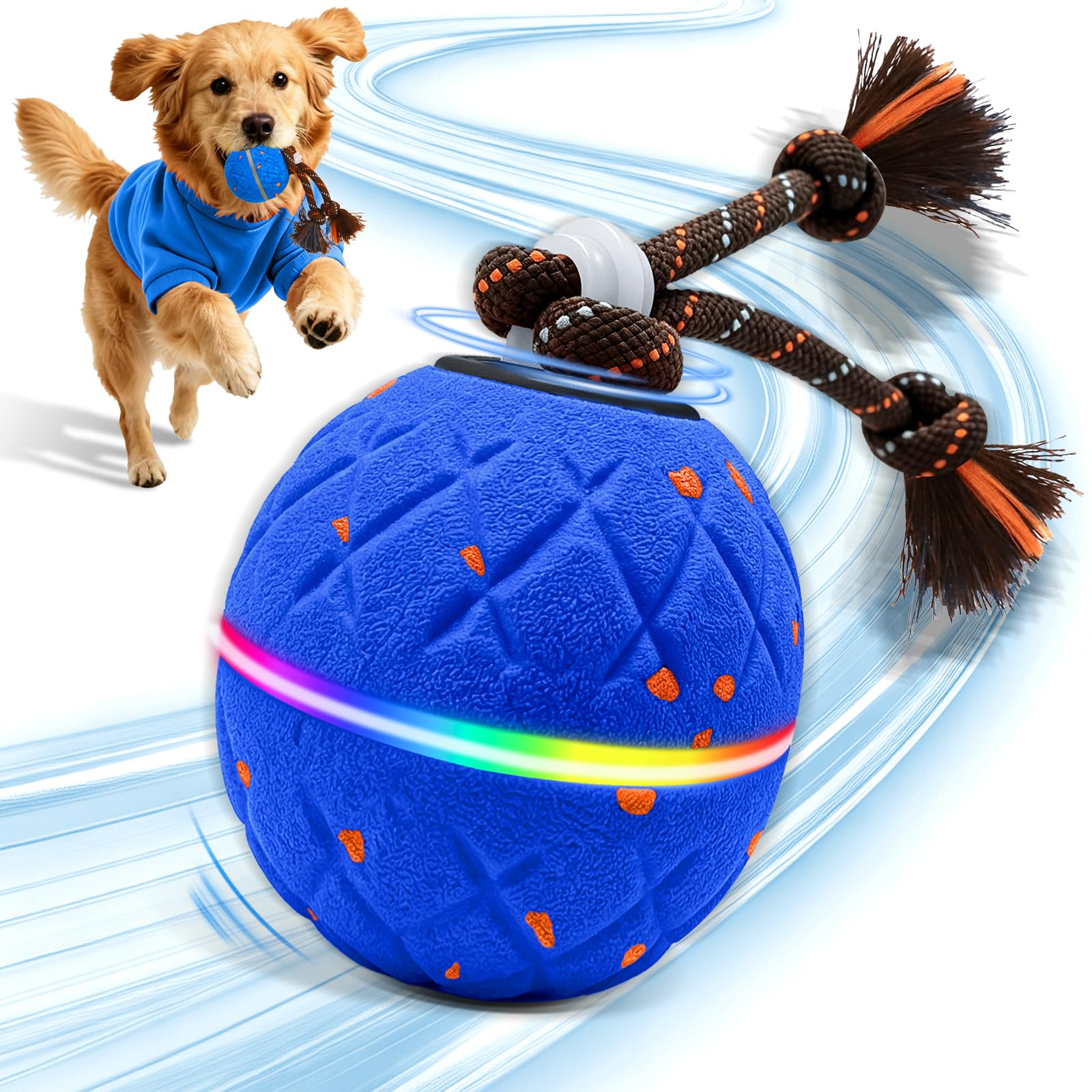 Interaktiver Hundeball - Wicked Ball Rolly mit Seil & Bellen, Intelligentes Interaktives Hundespielzeug mit 2 Spielmodi, E-TPU, USB-C aufladbar, RGB-Lichter, Geeignet für kleine bis große Hunde