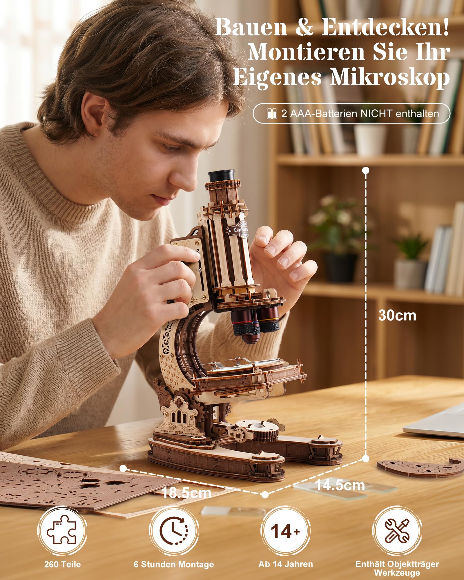 ROKR 3D-Holzpuzzle, mechanisches Modellbauset, echtes funktionierendes Mikroskop mit 400-facher Vergrößerung & LED-Licht, Vintage, wissenschaftliche Schreibtischdekoration, STEM-Geschenk für Frauen