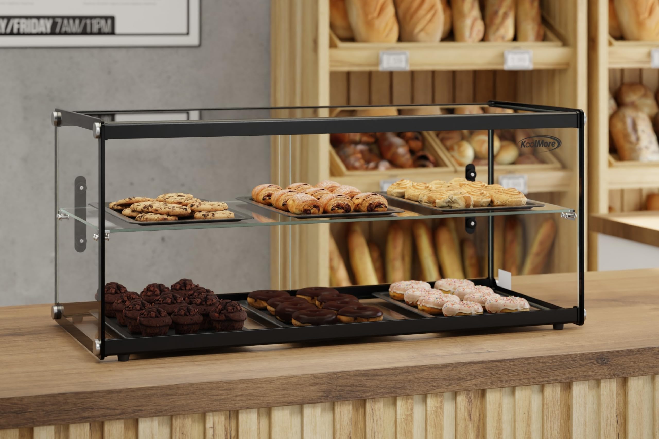 KoolMore Vitrina de repostería de 2 Niveles de 33 Pulgadas con Estante de Vidrio y Puerta corredera, Capacidad de 3.2 pies cúbicos, certificación ETL (KM-DC-3CSBK)