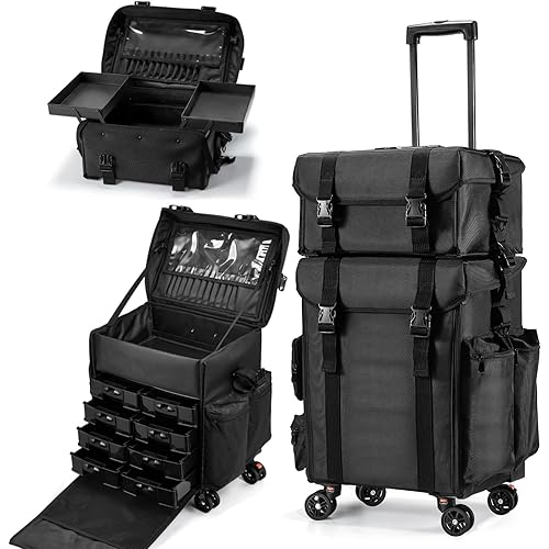 Costravio Travel Makeup Bag, Cosmetology Case on Wheels, 2 IN 1 Hair Tool Organizer, Rolling Nail Organizer Train Case, Large Cosmetic Trolley Suitcase for MUA/Hairstyling/Home-care/Groomer, Black
