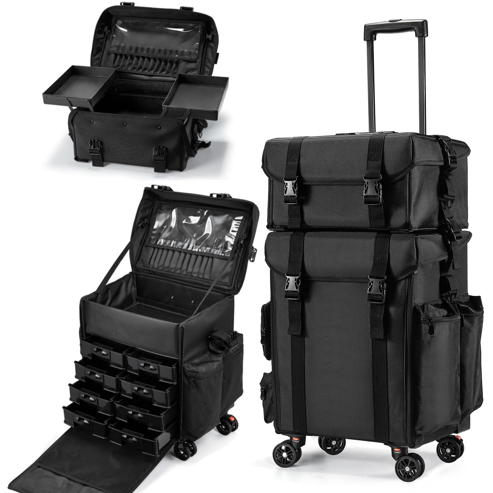 Costravio Travel Makeup Bag, Cosmetology Case on Wheels, 2 IN 1 Hair Tool Organizer, Rolling Nail Organizer Train Case, Large Cosmetic Trolley Suitcase for MUA/Hairstyling/Home-care/Groomer, Black : Beauty & Personal