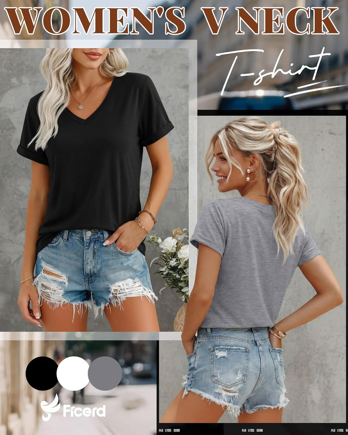 Ficerd 3 Pack Women's V Neck T Shirts, Summer Casual Short Sleeve Tops Loose Fit Rolled Sleeve Tees Trendy Shirts - Image 3