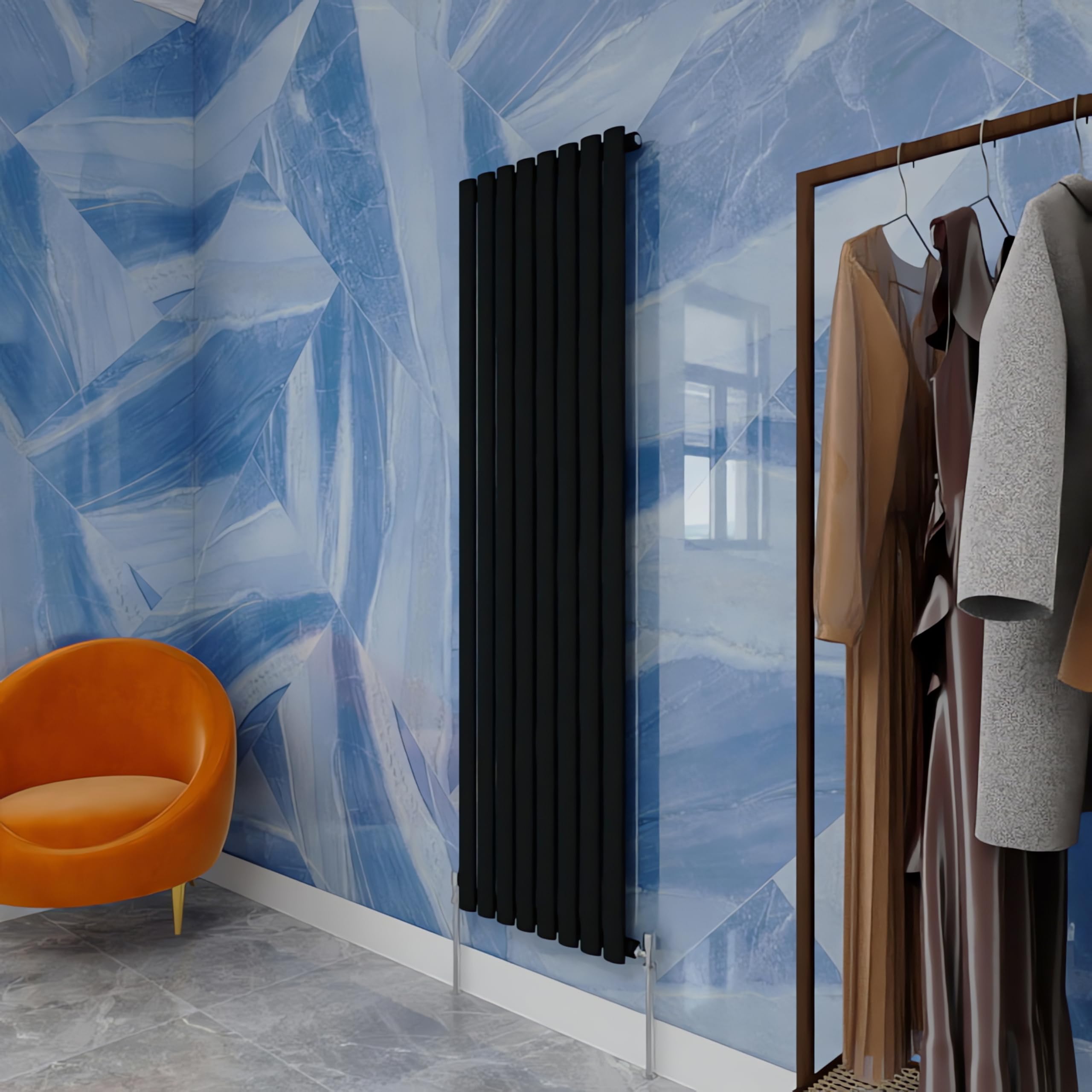 Vertical Oval Column Radiator Black 1600x472mm Single panel for Bathroom/Hall/Kitchen Central heating Radiator