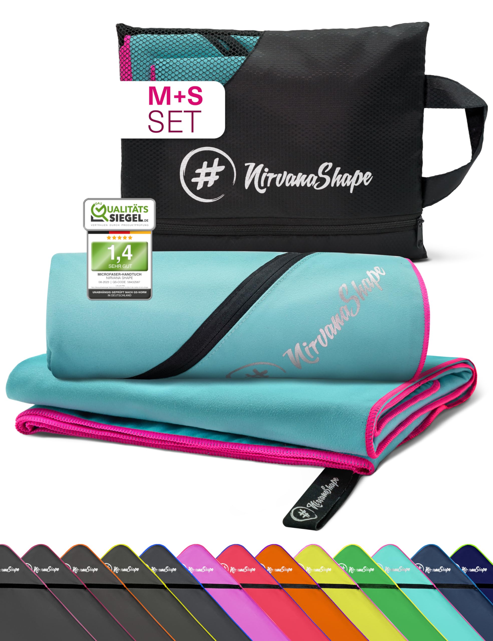 NirvanaShape Mikrofaser Handtuch, Microfaser Handtücher leicht, kompakt als Reisehandtuch, Strandtuch, Sporthandtuch, 2er Set M+S 120 x 60 + 60 x 40 cm