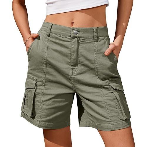 IVIR Bermuda Shorts for Women Cargo Shorts Knee Length 6 Pockets Elastic Waist Long Shorts Summer Casual