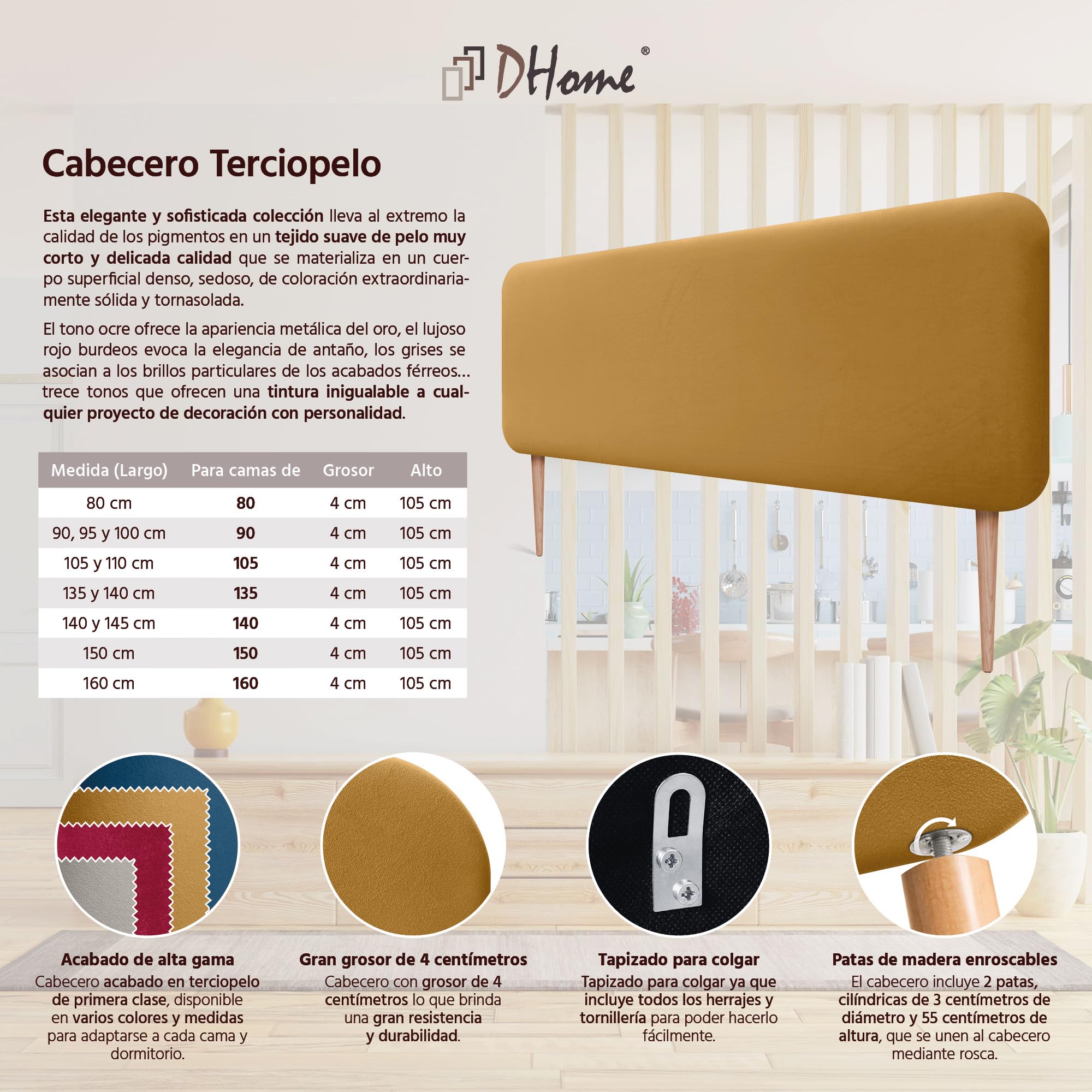 DHOME Testiera Imbottita Liscia Arrotondata in Velluto per Parete Acustica Testate Fonoassorbenti Testiera Letto Camera da Letto (Senape, 150cm)