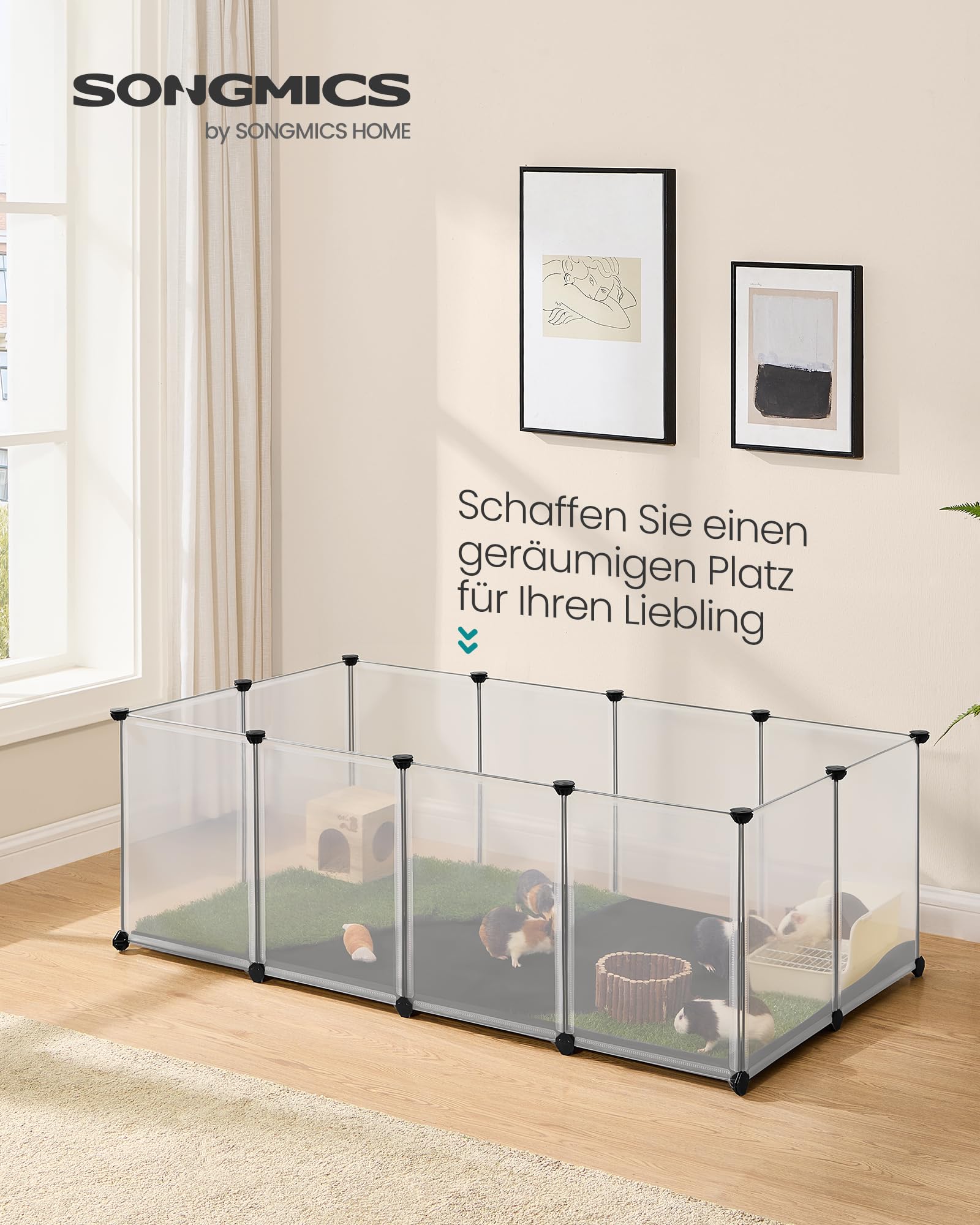 SONGMICS Kleintiergehege mit Bodenplatten 2er Set, Laufstall mit Abnehmbarer und wasserfester Unterlage, Gehege für Hamster, Kaninchen, Meerschweinchen, 143 x 73 x 46 cm, weiß LPC012W21