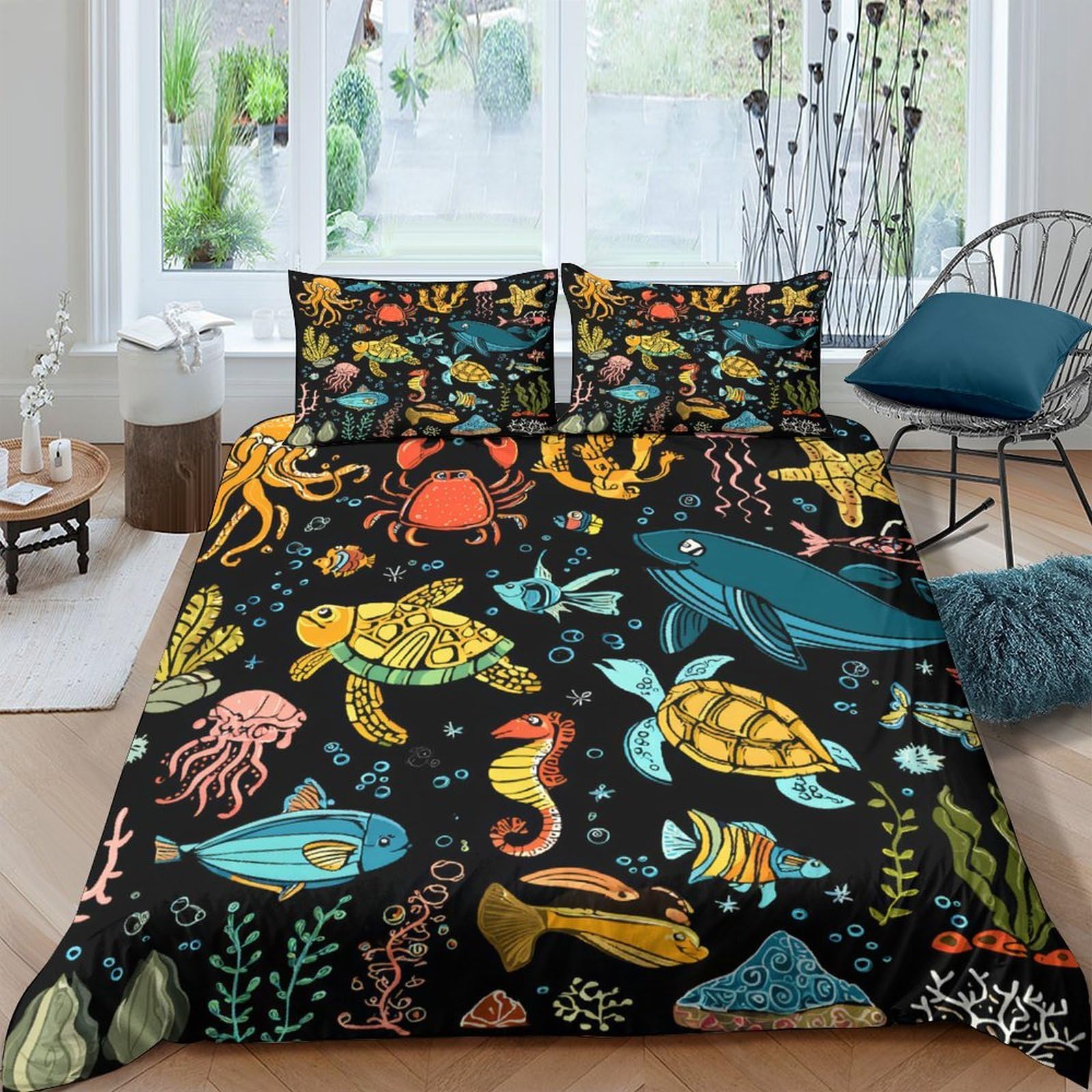 Ctjqhvkz Style-9 3D Printed Ocean Fish Fitted Sheet Microfiber Soft Underwater Coral Mattress Cover For Bedroom Dorm Home Decor Single（135X200cm）