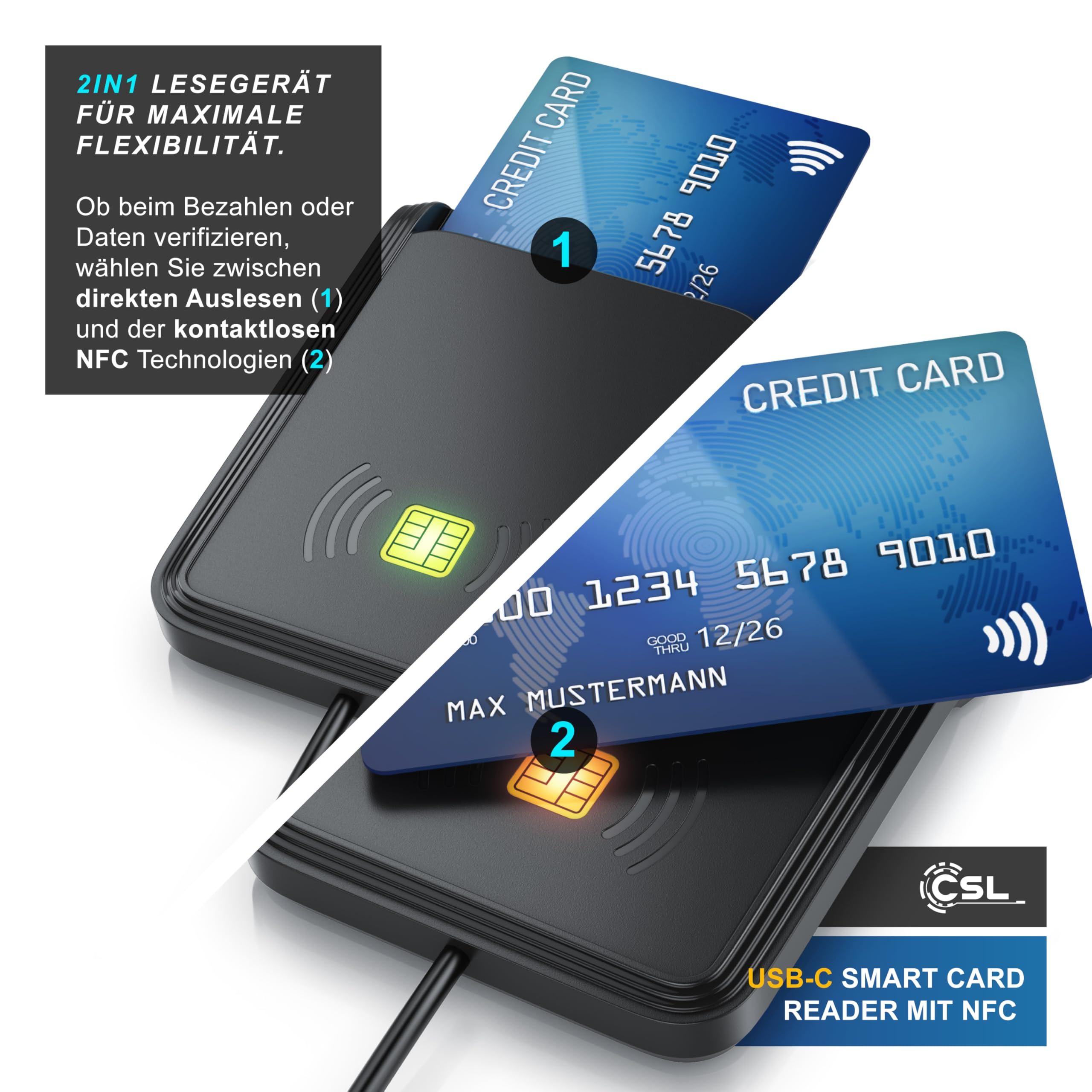 CSL - USB C Chipkartenleser mit NFC - SmartCard Reader - SIM Kartenlesegerät - ISO 7816 – ISO 14443 - Windows 7-11 - für den neuen Personalausweis Krankenkassenkarten Bankkarten - kein EPA