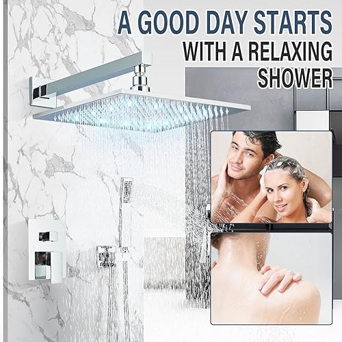 Miniatura 2 de Saeuwtowy Cabezal de ducha LED de 12 pulgadas con cabezal de ducha de mano de latón, juego de grifos de ducha de lujo, juego completo de ducha