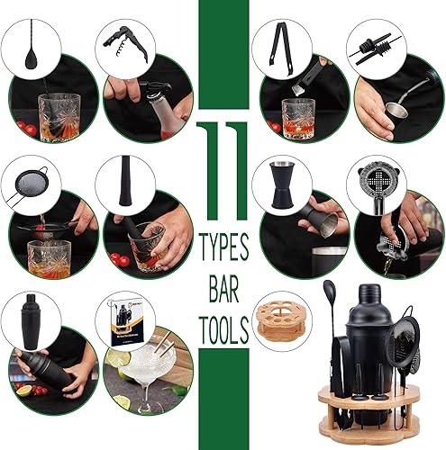 Miniatura 3 de Juego de coctelera con soporte giratorio de bambú, juego de 11 herramientas de barra de acero inoxidable con folleto de recetas (negro escarchado)