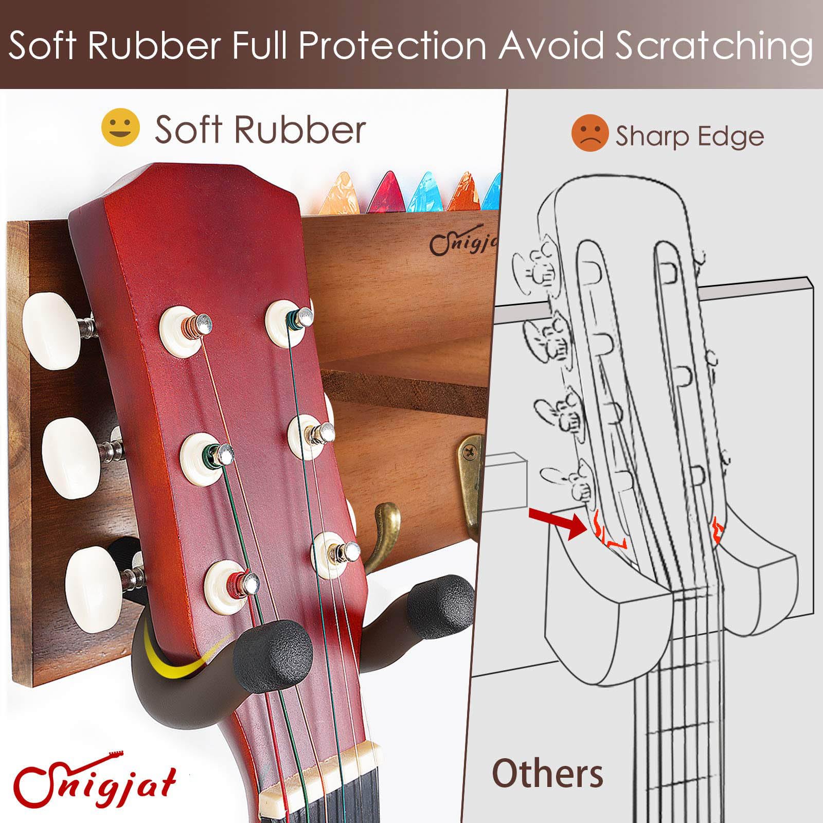 Soporte de pared para guitarra con 2 ganchos de goma giratorios, colgador de pared para guitarra de madera con estante y soporte para púas, soporte de pared para guitarra eléctrica acústica, bajo,