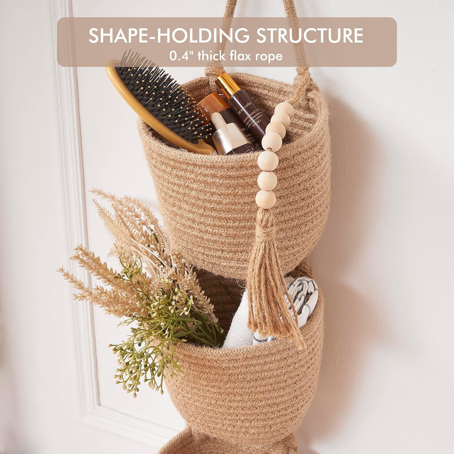 LIGHT DUST Fabric Wall Hanging Baskets - 3 Pack Linen Woven Pouchs & 1 Pack 3-Tier Linen Woven Bag Boho Style Wall Mounted Bag with Adhesive Hooks, Storage Organizers and Decoration Pocket Caddy Bins