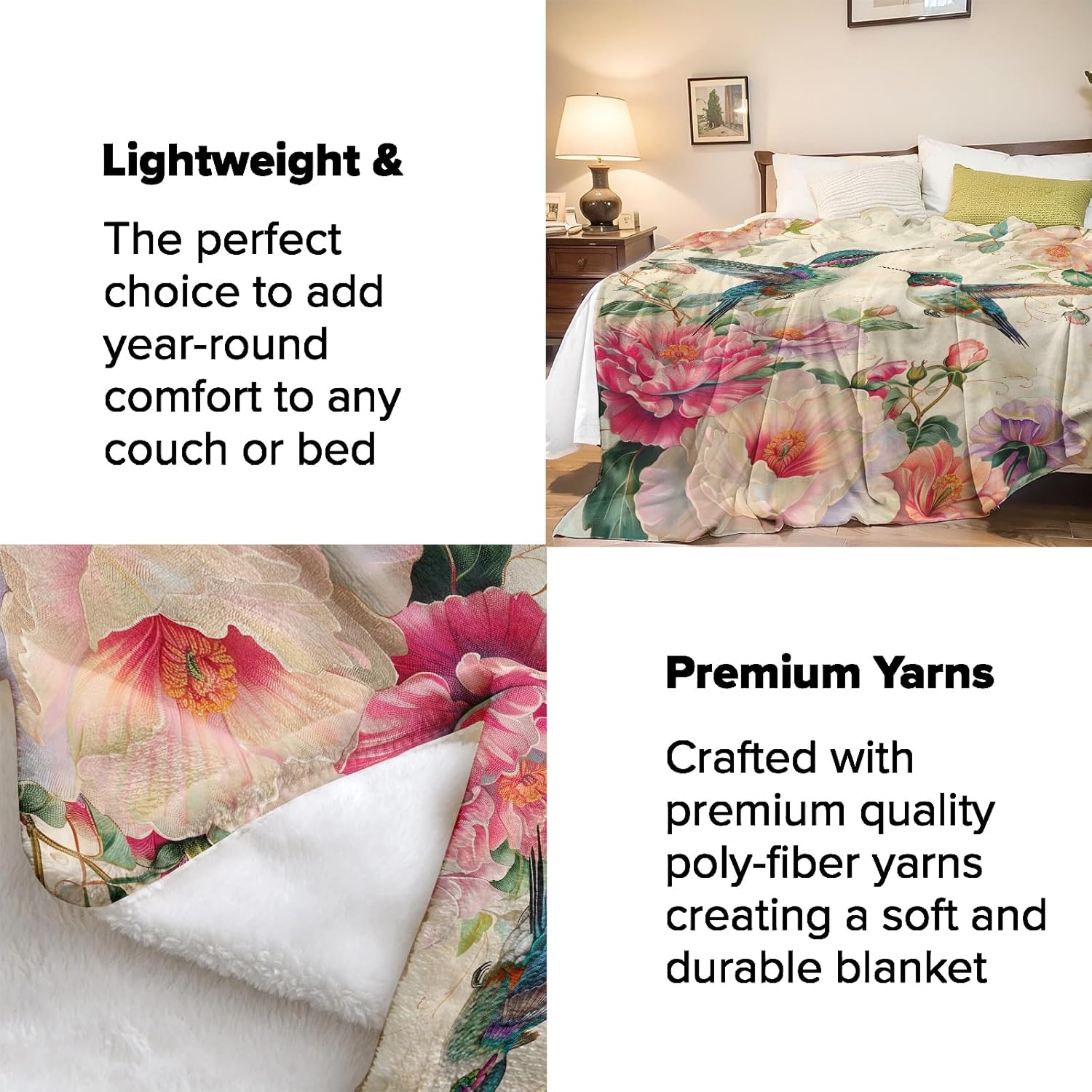 Hummingbird Floral Throw Blanket, Vintage Flower Bird Blankets Gifts for Kids Women, Throw for Home, Couch, Bedroom, Living Room Decor, Fuzzy Warm Flannel Plush 50"x60"