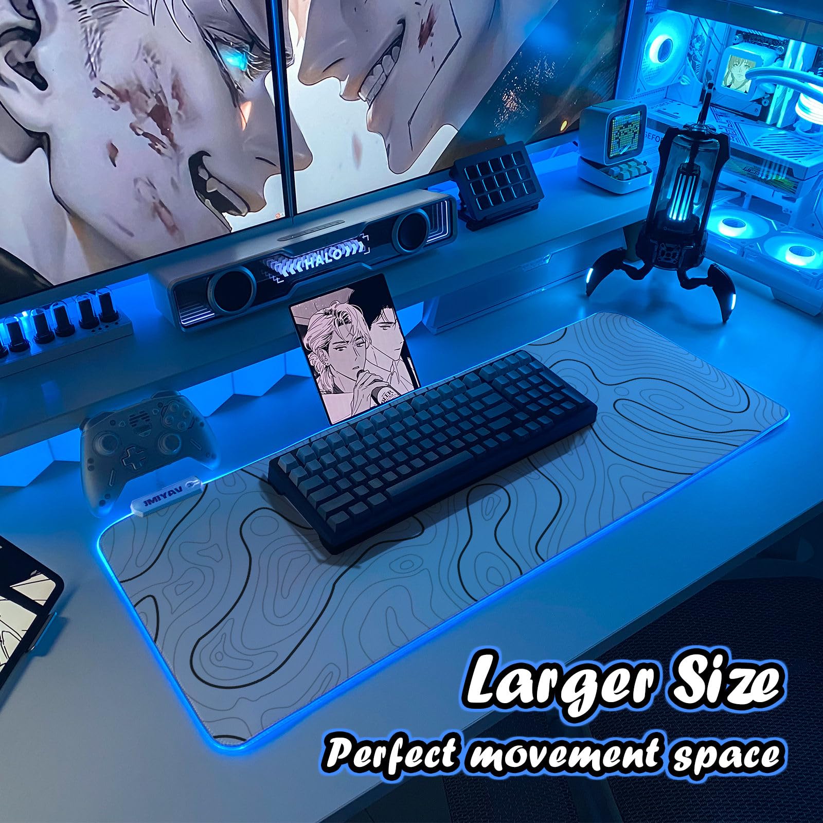 JMIYAV Gaming Mouse Pad RGB Mousepad Non-Slip Rubber Base Large Cool XL XXL Computer Desk Pad Gaming Accessories LED Light Up Big Mouse Pad for Gamer Topographic White (31.5x12In)