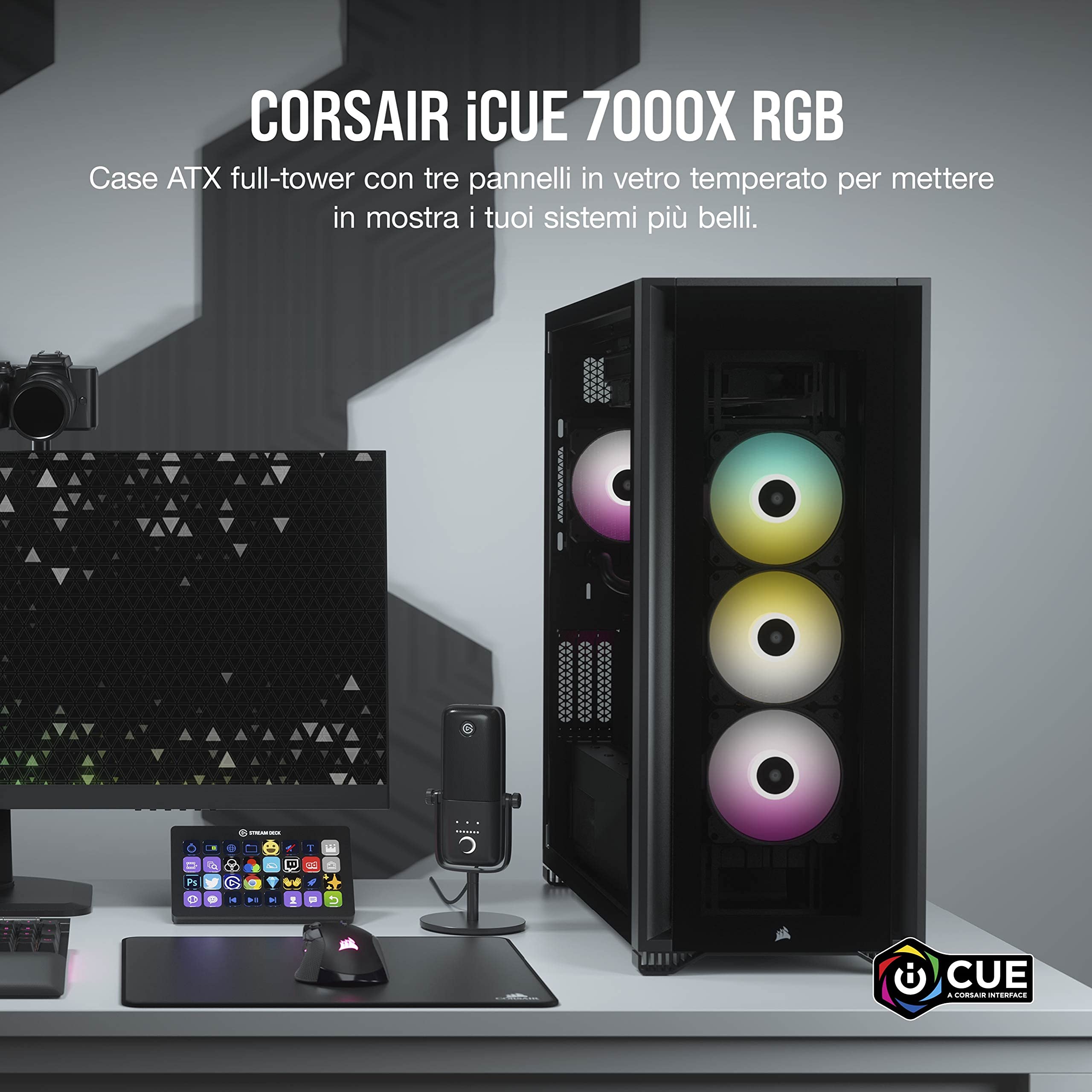 Corsair iCUE 7000X RGB Case per PC Intelligente ATX Full-Tower, Tre Pannelli in Vetro Temperato, Quattro Ventole RGB da 140 mm Incluse, Generoso Spazio Interno, Nero