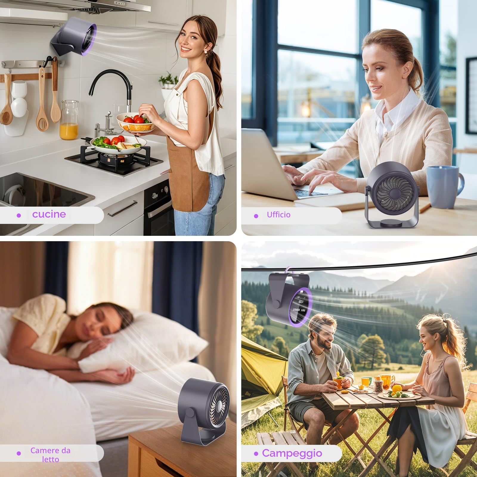 Ventilatore da Tavolo USB Ricaricabile con Display Digitale ，a 5 Velocità Ultra Silenzioso, Inclinazione Manuale 90° e Design Appendibile per Camera da Letto e Ambienti Domestici