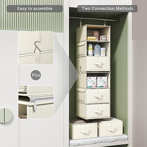 Miniatura 6 de Vailando Organizador colgante de armario de 6 estantes con 3 cajones, 2 organizadores de armario separables de 3 estantes y almacenamiento para