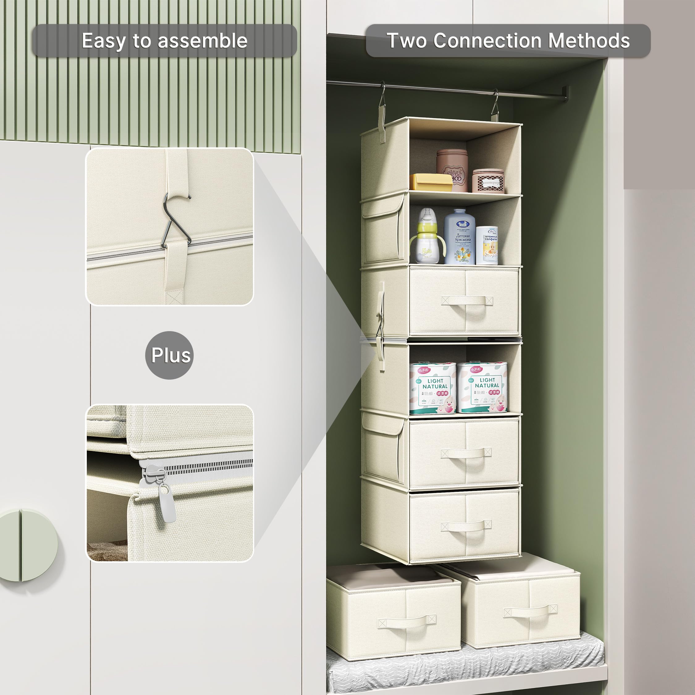 Vailando Organizador de armario colgante de 6 estantes, 2 estantes colgantes separables de 3 estantes con 3 cajones para armario, guardería, organización y almacenamiento de ropa de bebé, color beige